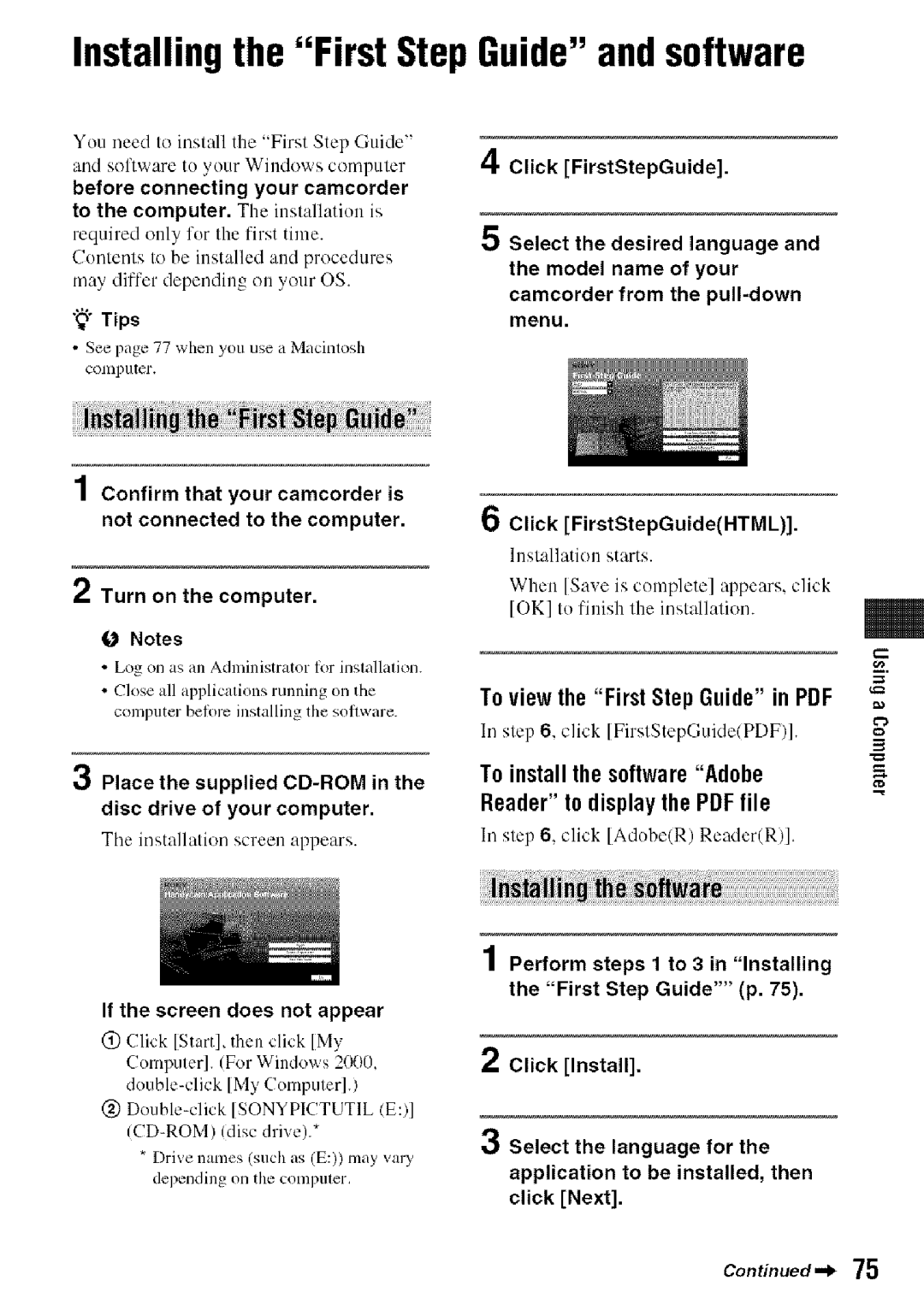 Sony HDR-HC9 Installingthe First Step Guideandsoftware, To install the software Adobe, Before connecting your camcorder 