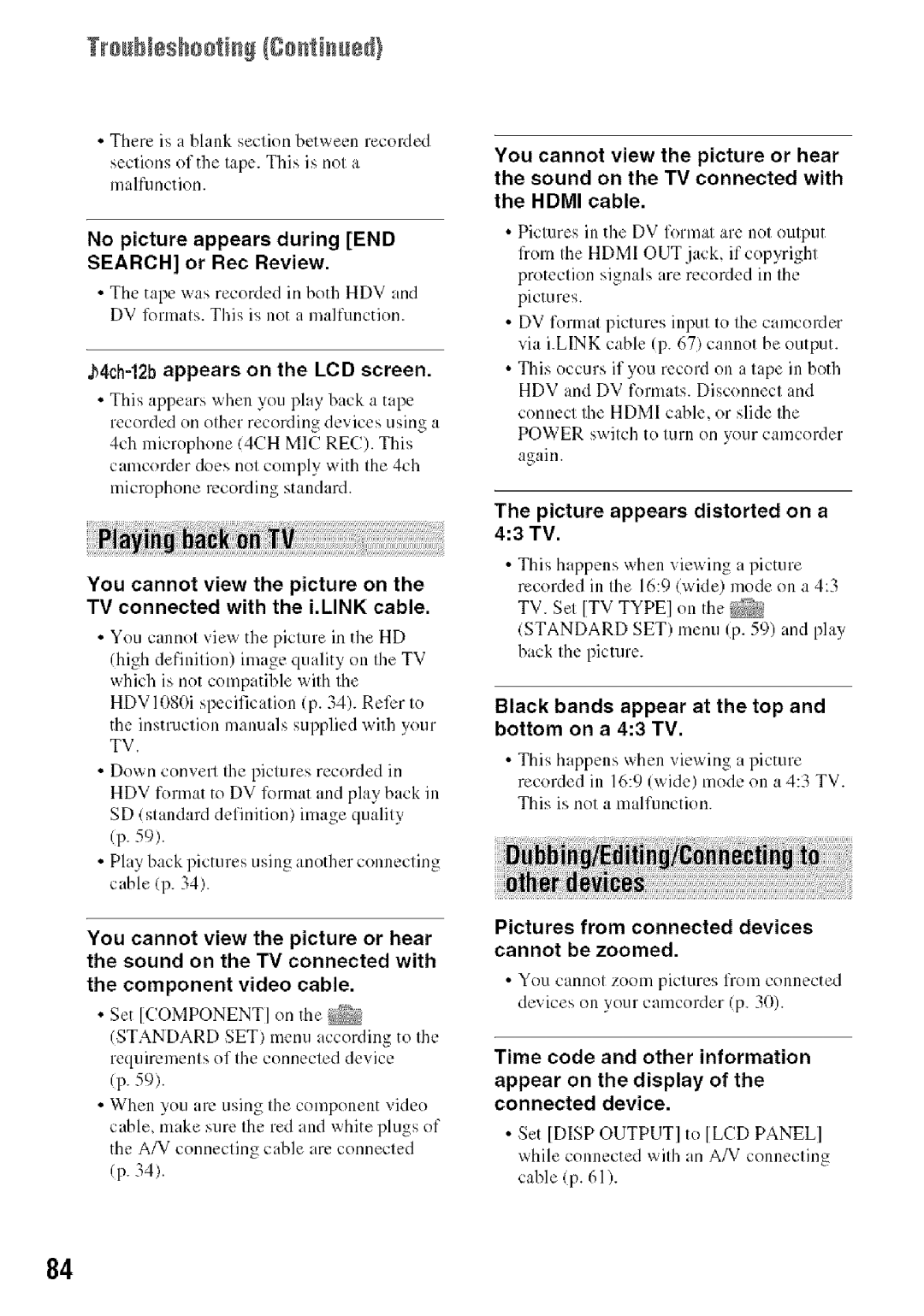 Sony HDR-HC9 manual No picture appears during END Search or Rec Review, J4ch-12bappears on the LCD screen 