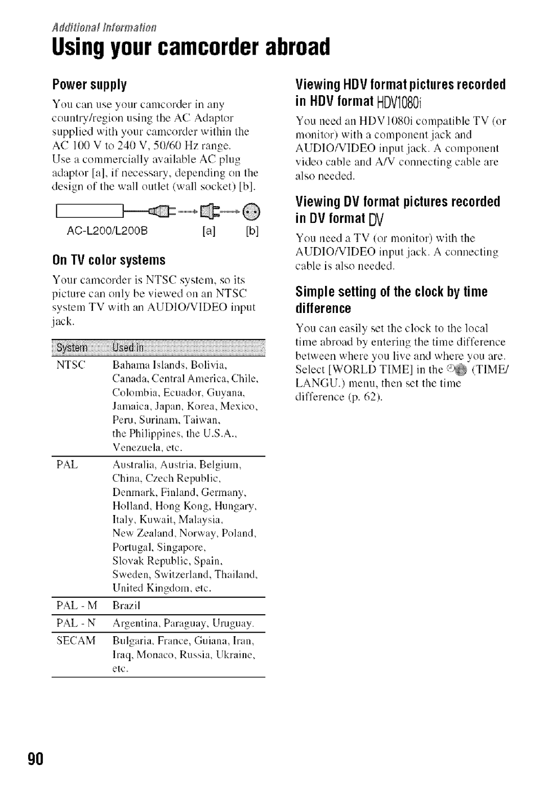 Sony HDR-HC9 manual Usingyourcamcorderabroad, Powersupply, OnTVcolorsystems, Simplesettingofthe clockbytime difference 