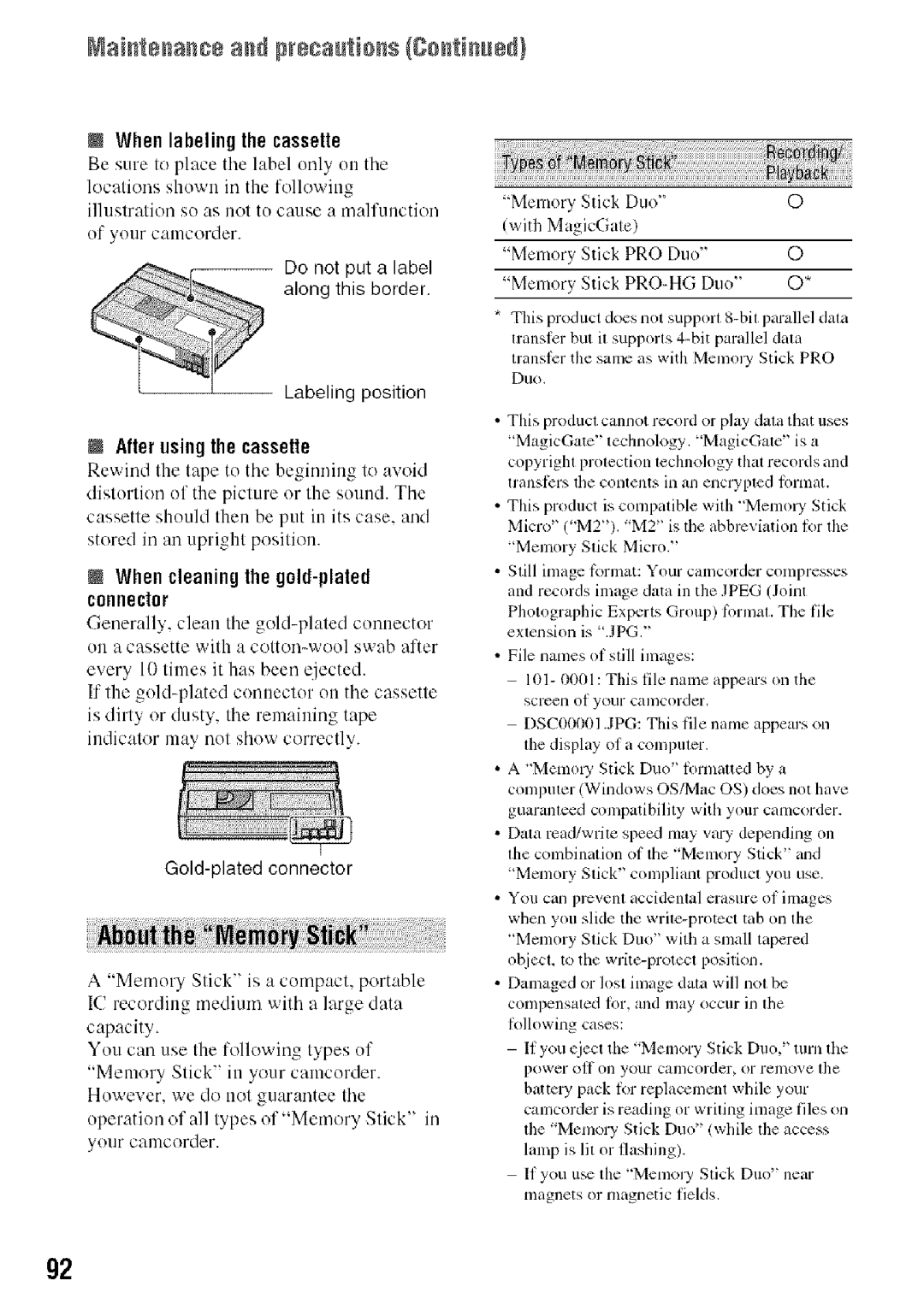 Sony HDR-HC9 manual Naistssasss ass presatisss gsstiss÷, When cleaning the gold-plated connector, When labelingthe cassette 