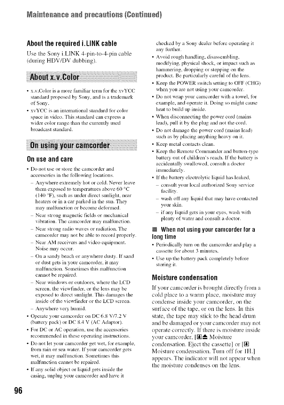 Sony HDR-HC9 manual Onuseandcare, Moisturecondensation, About the required i.LINK cable 