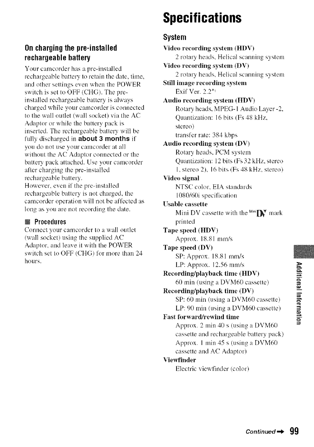 Sony HDR-HC9 manual Specifications, Onchargingthepre-installed, Rechargeahlebattery, System, Procedures 