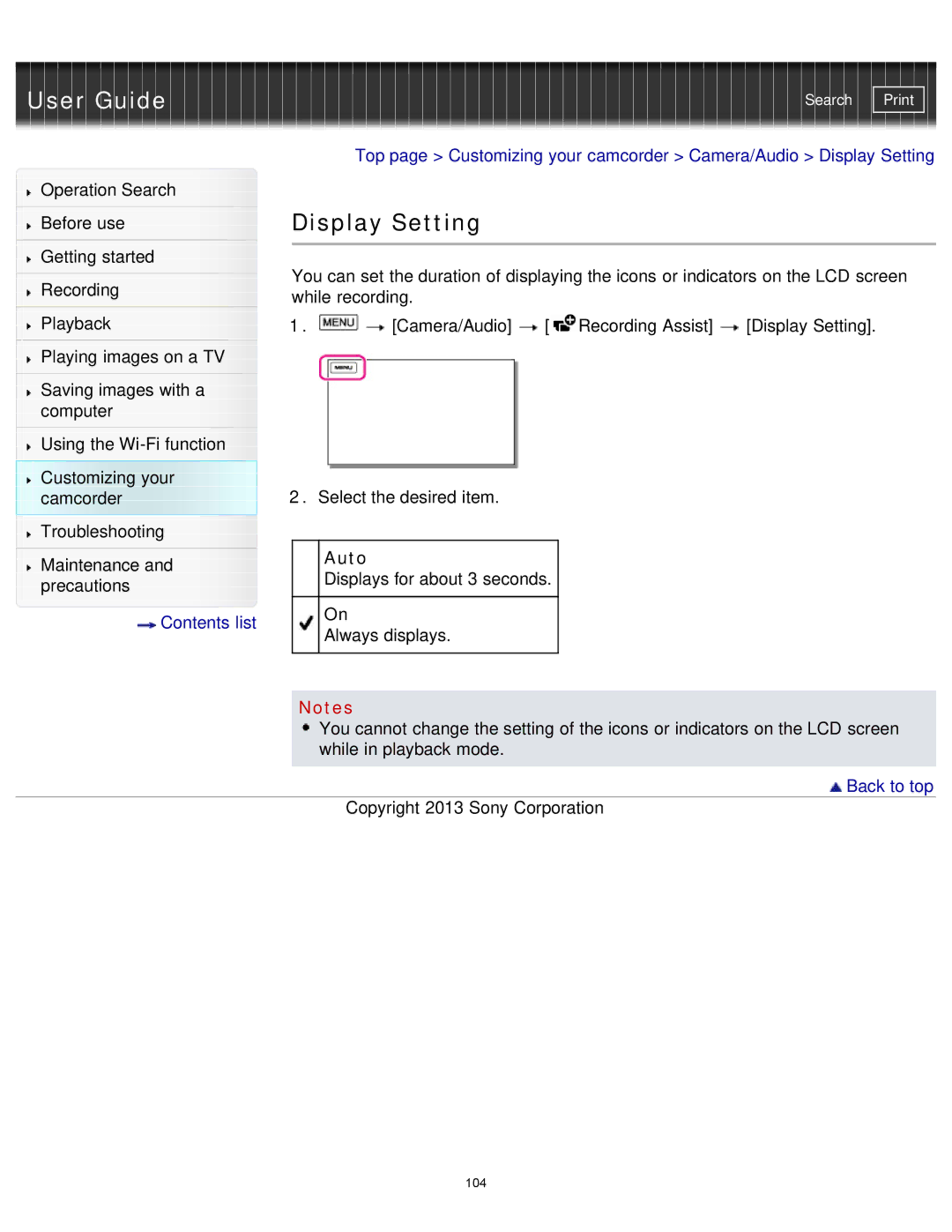 Sony HDR-MV1 manual Display Setting, Auto 