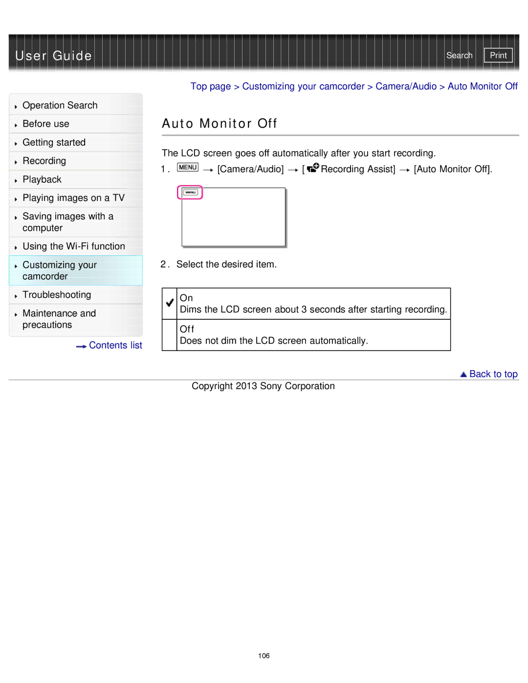 Sony HDR-MV1 manual Auto Monitor Off 