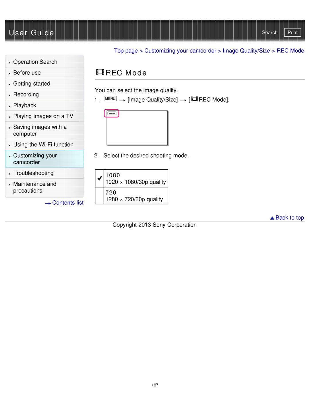 Sony HDR-MV1 manual REC Mode, 1080, 720 