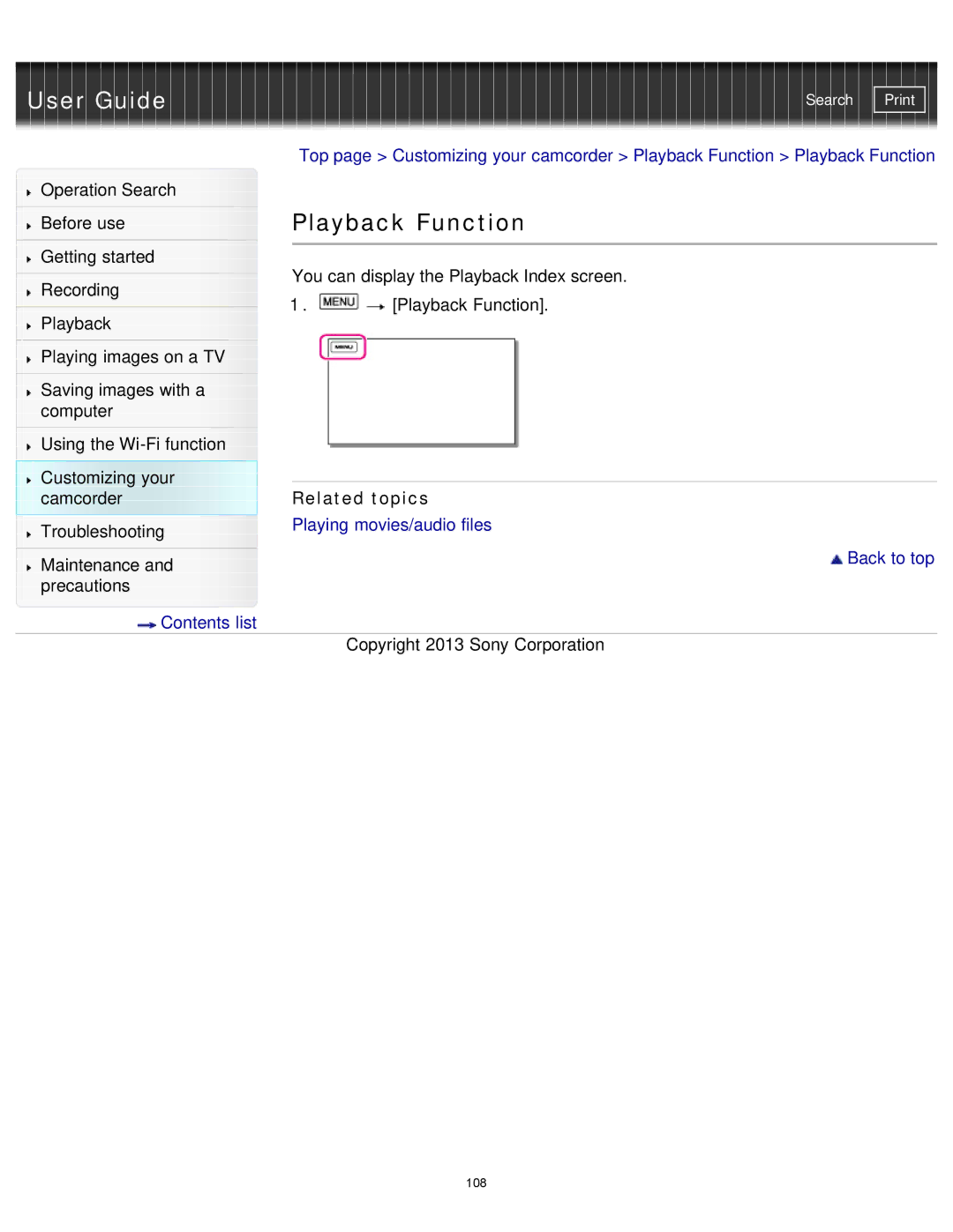 Sony HDR-MV1 manual Playback Function, Related topics 