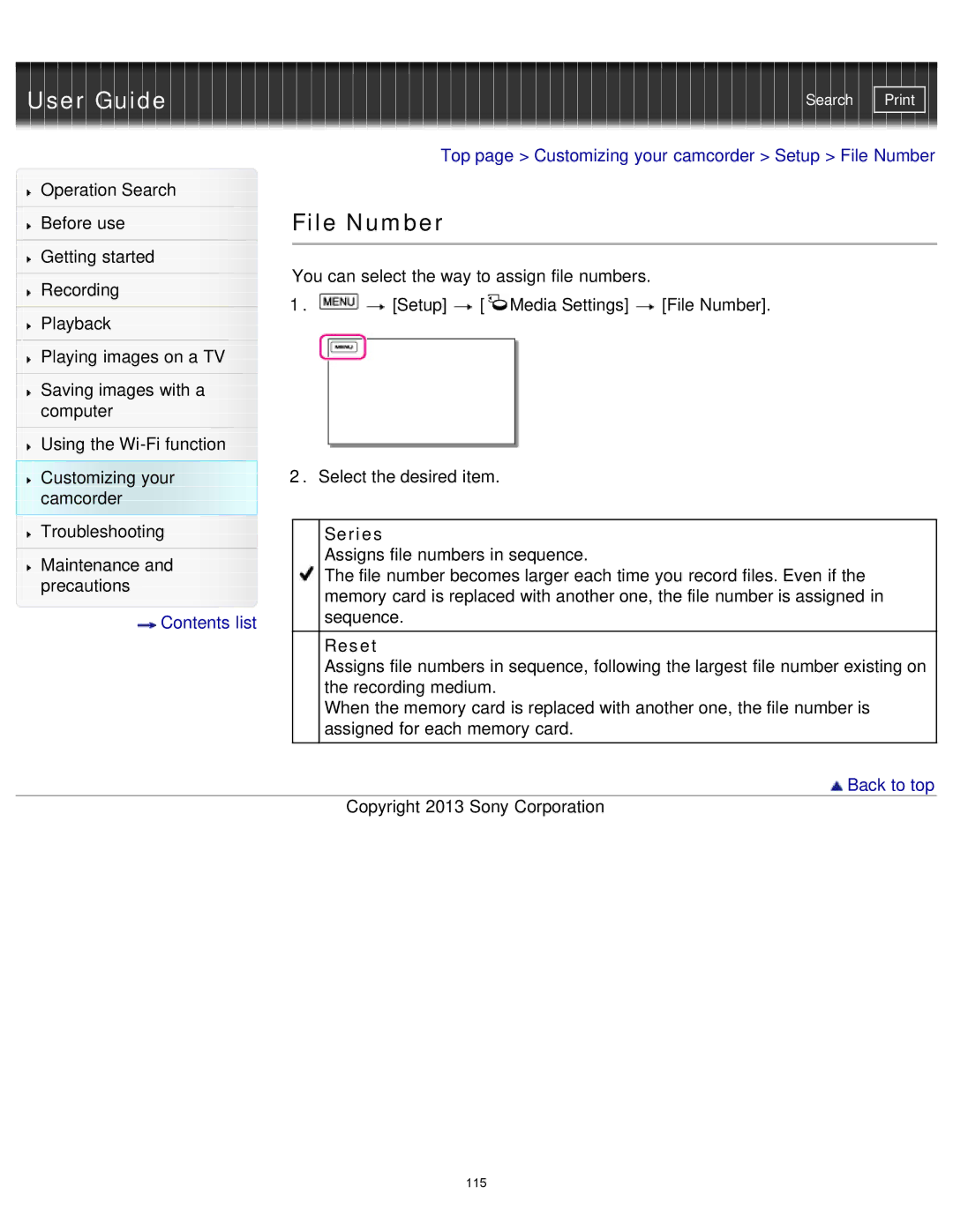 Sony HDR-MV1 manual File Number, Series, Reset 