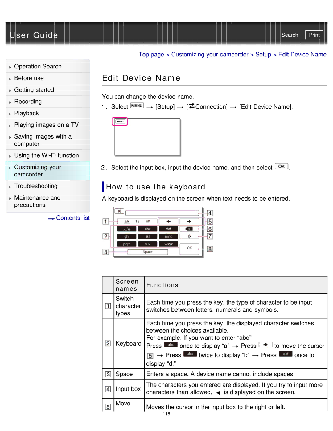 Sony HDR-MV1 manual Edit Device Name, How to use the keyboard, Screen Functions Names 