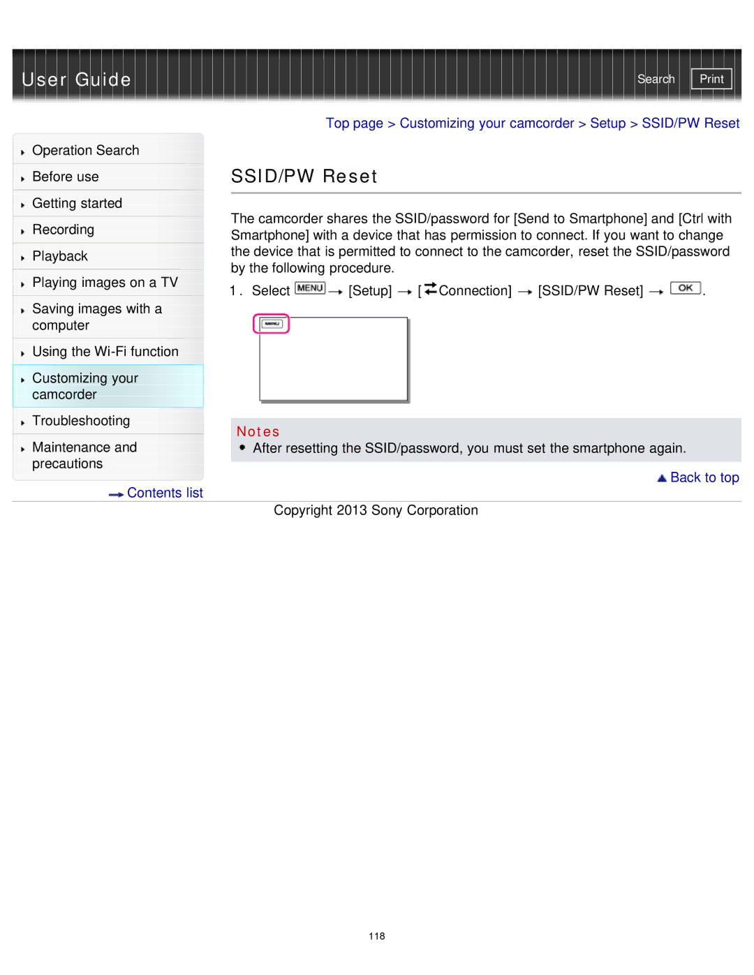 Sony HDR-MV1 manual SSID/PW Reset 