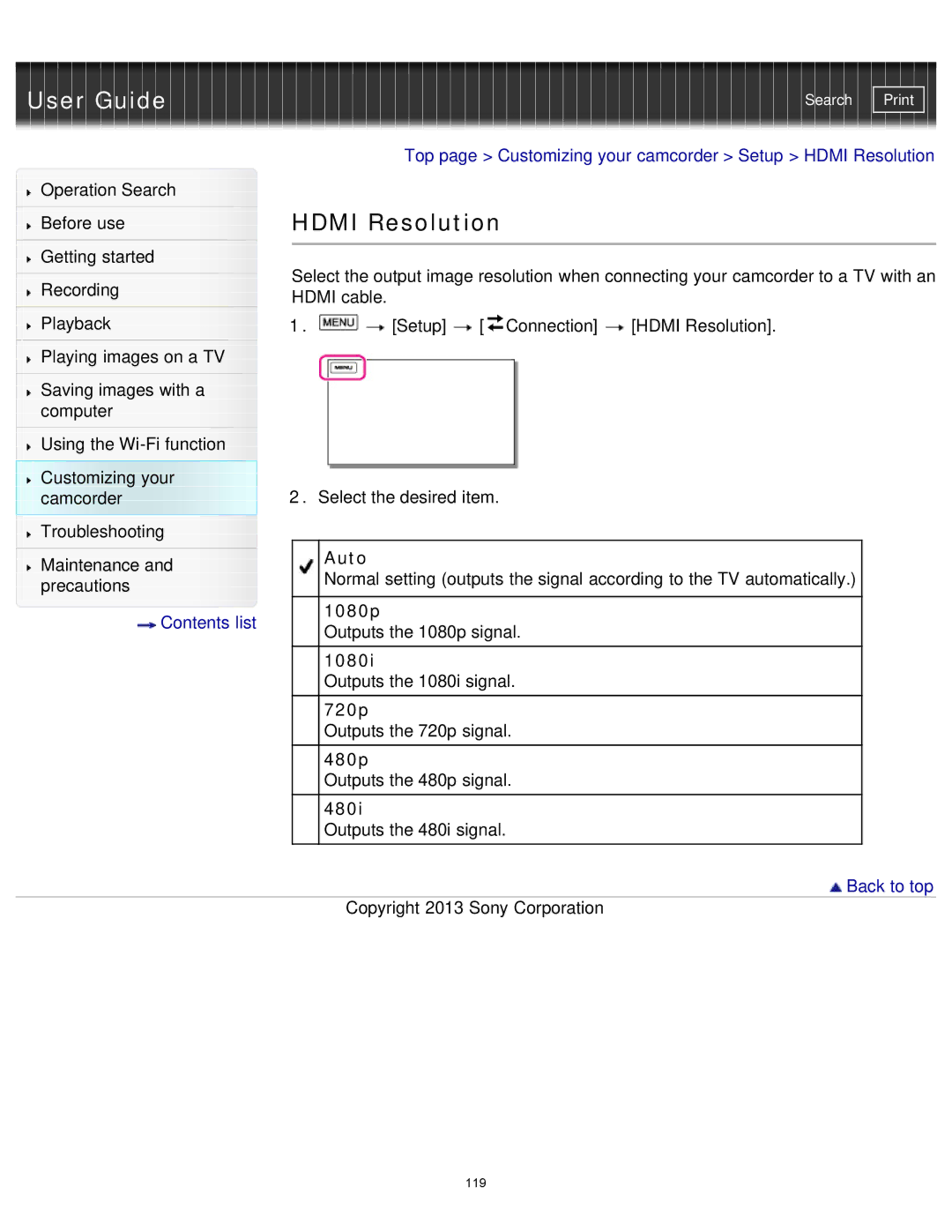 Sony HDR-MV1 manual Hdmi Resolution 