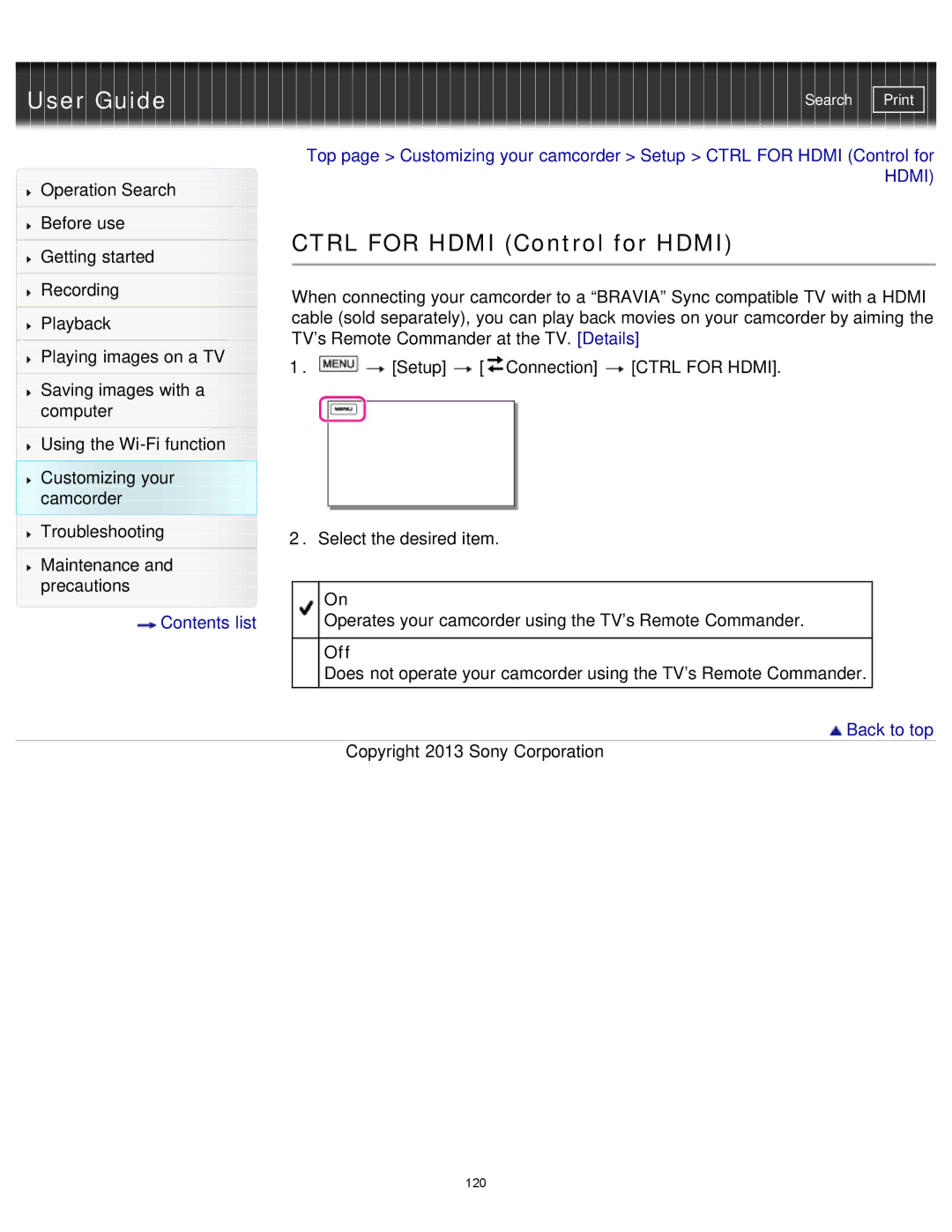 Sony HDR-MV1 manual Ctrl for Hdmi Control for Hdmi, Off 