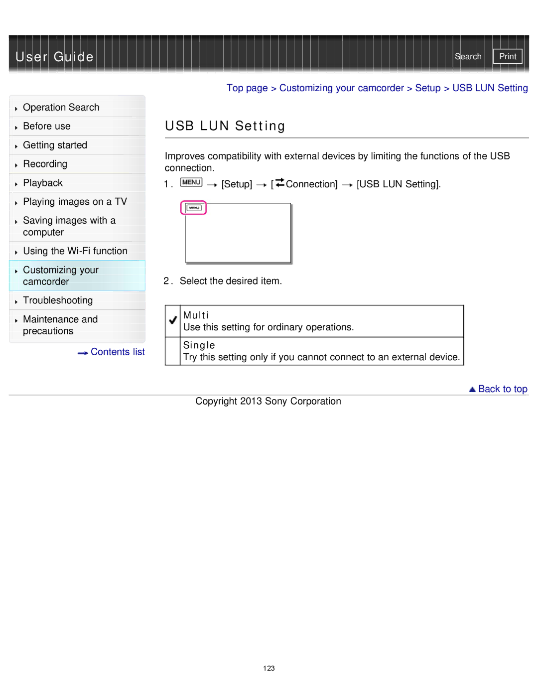 Sony HDR-MV1 manual USB LUN Setting, Multi, Single 