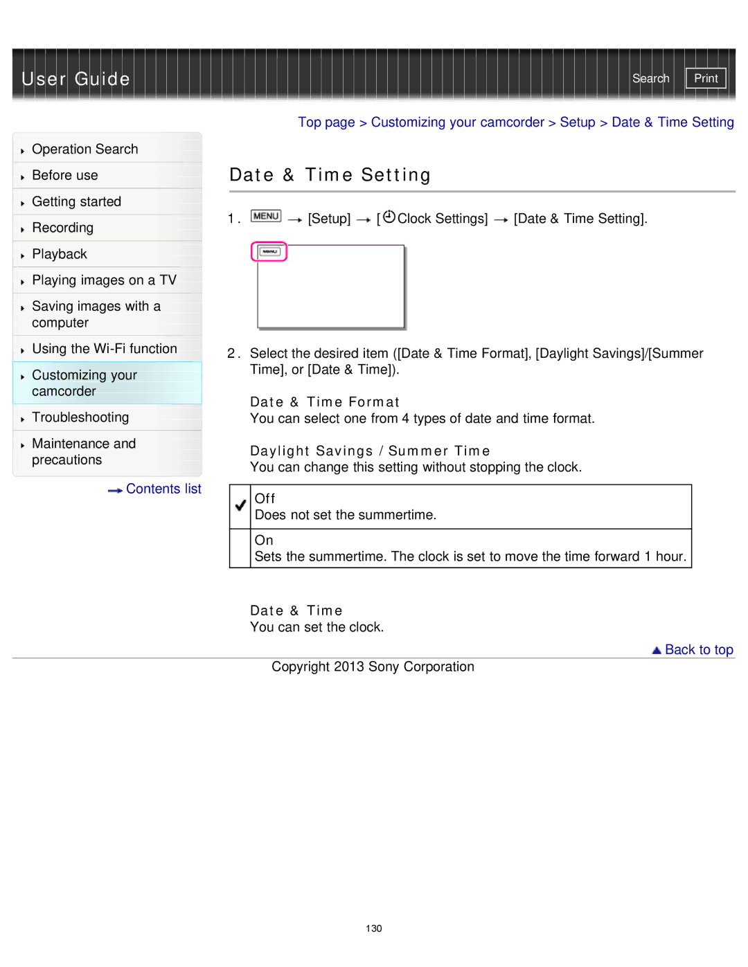 Sony HDR-MV1 manual Date & Time Setting, Date & Time Format, Daylight Savings / Summer Time 