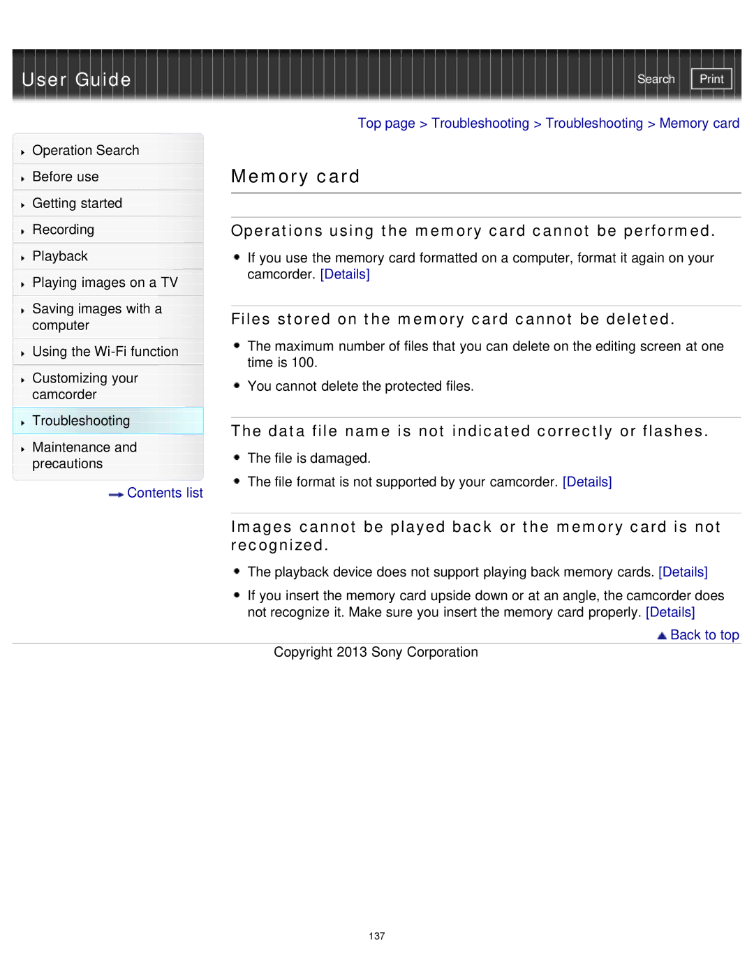 Sony HDR-MV1 manual Memory card, Operations using the memory card cannot be performed 