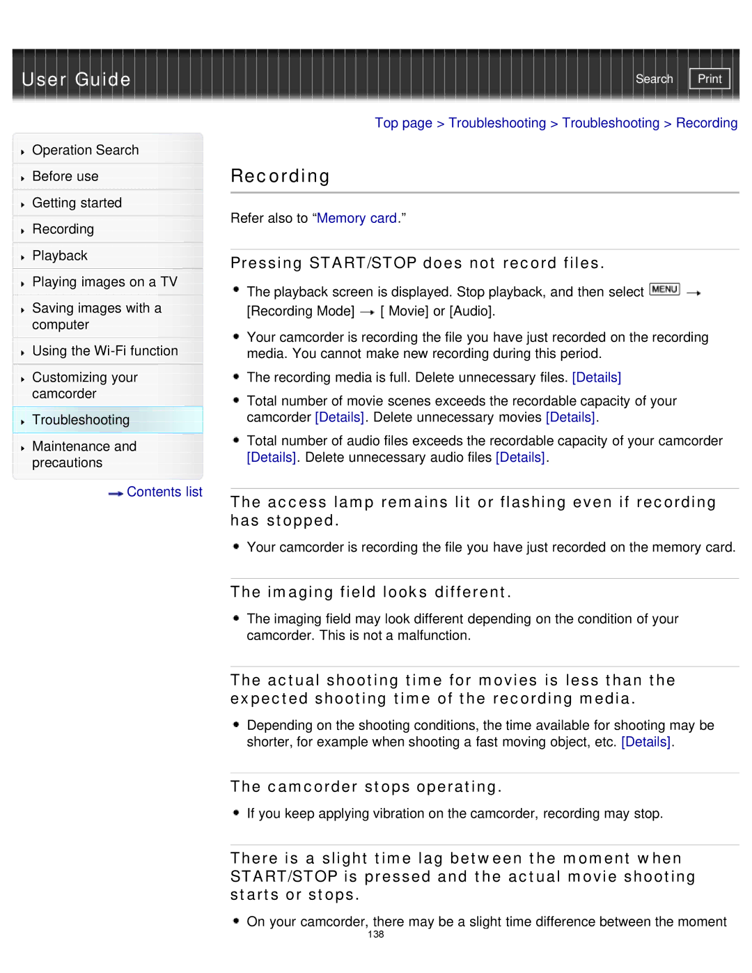 Sony HDR-MV1 manual Recording, Pressing START/STOP does not record files, Imaging field looks different 