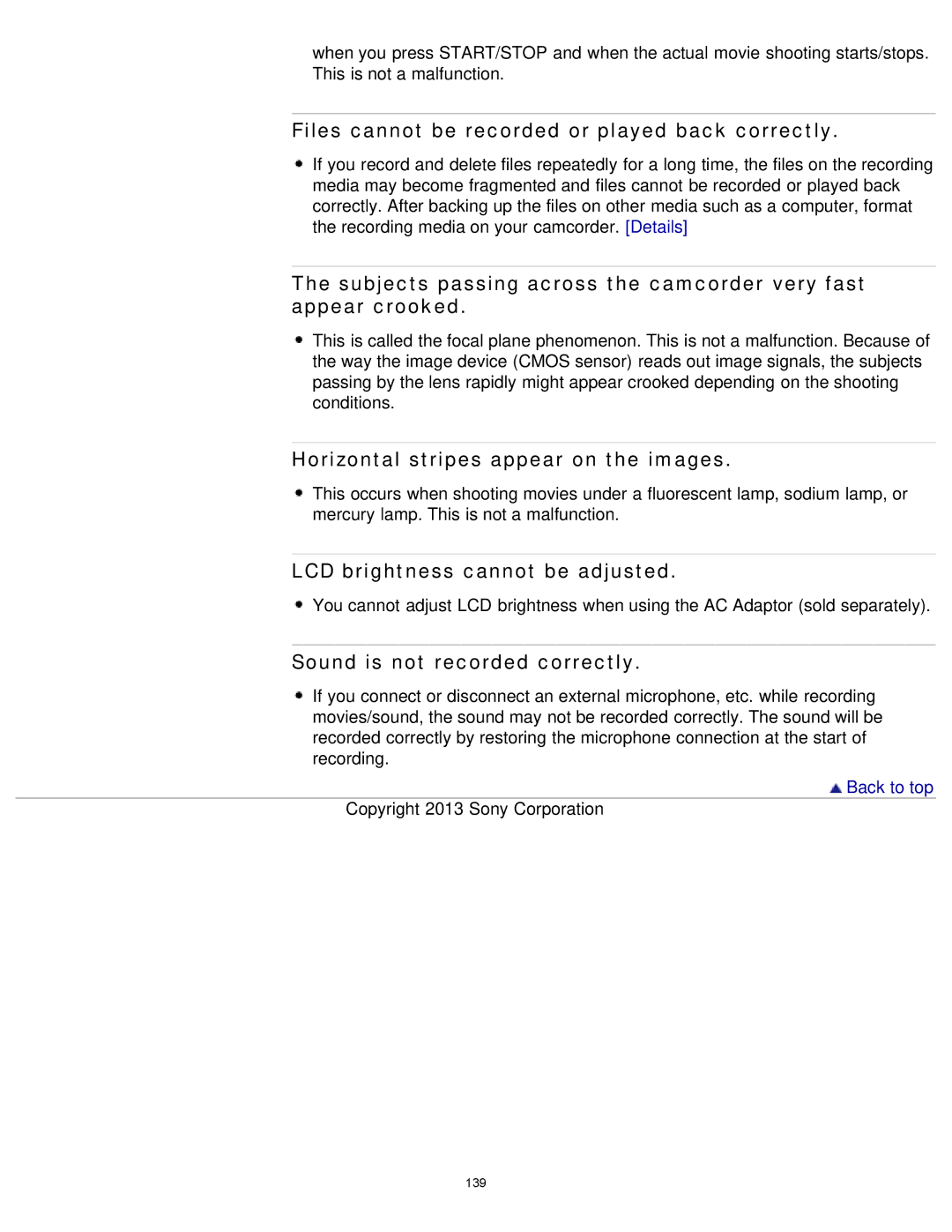 Sony HDR-MV1 manual Files cannot be recorded or played back correctly, Horizontal stripes appear on the images 