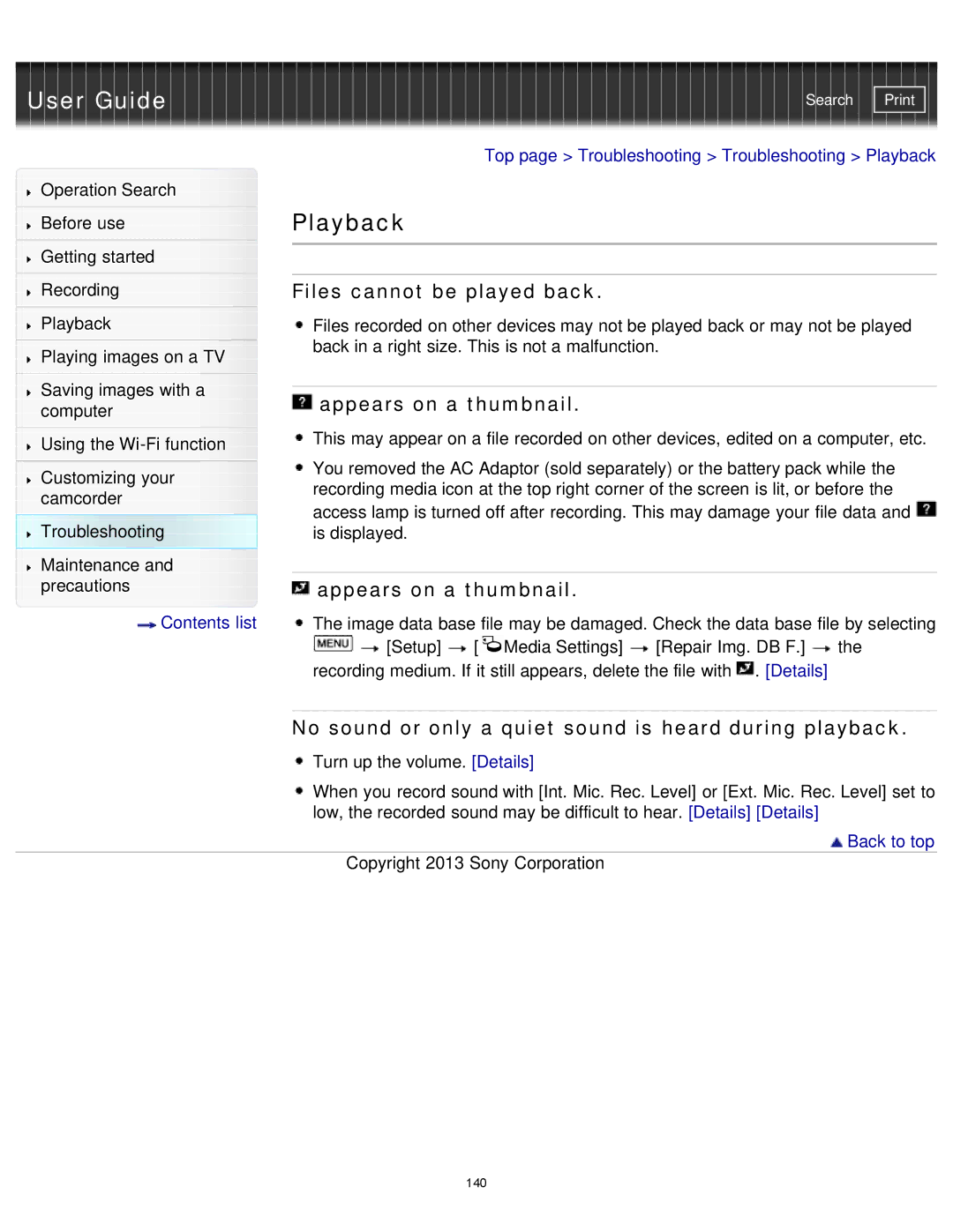 Sony HDR-MV1 manual Playback, Files cannot be played back, Appears on a thumbnail 