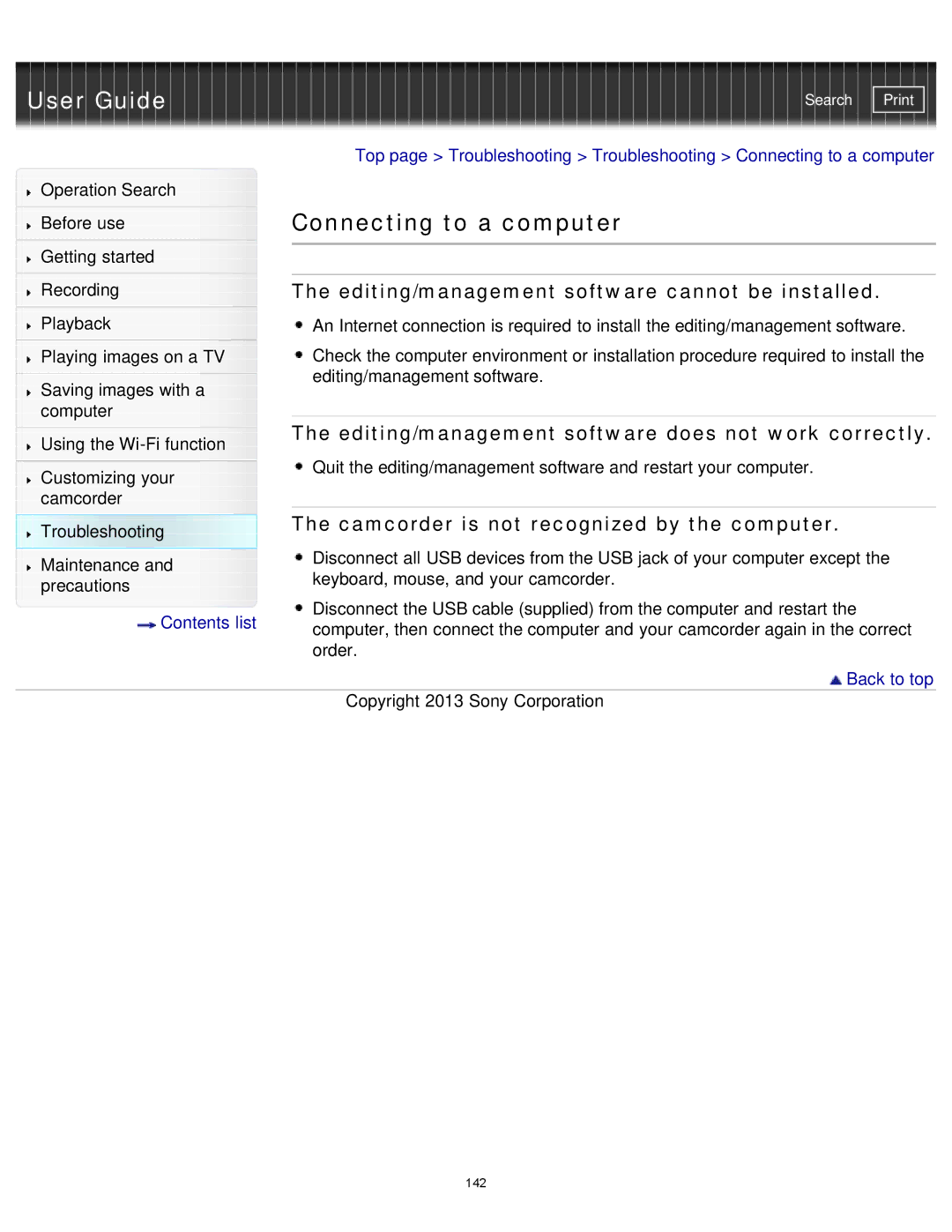 Sony HDR-MV1 manual Connecting to a computer, Editing/management software cannot be installed 