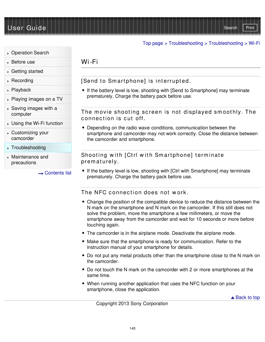 Sony HDR-MV1 manual Wi-Fi, Send to Smartphone is interrupted, Shooting with Ctrl with Smartphone terminate prematurely 