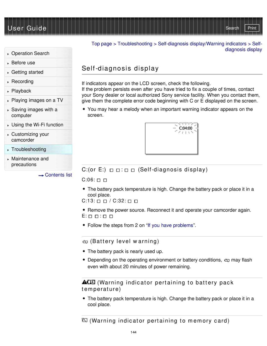 Sony HDR-MV1 manual Cor E Self-diagnosis display, Battery level warning, C06, C13 / C32 