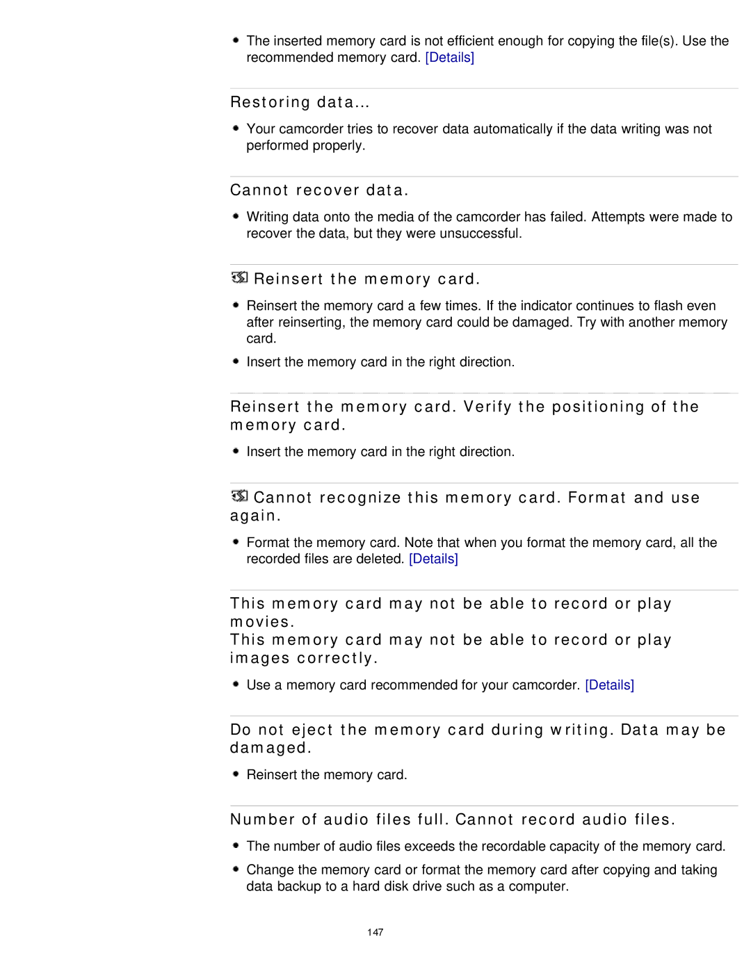 Sony HDR-MV1 manual Restoring data, Cannot recover data, Reinsert the memory card 