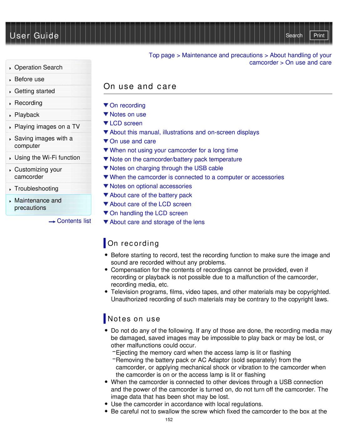 Sony HDR-MV1 manual On use and care, On recording 