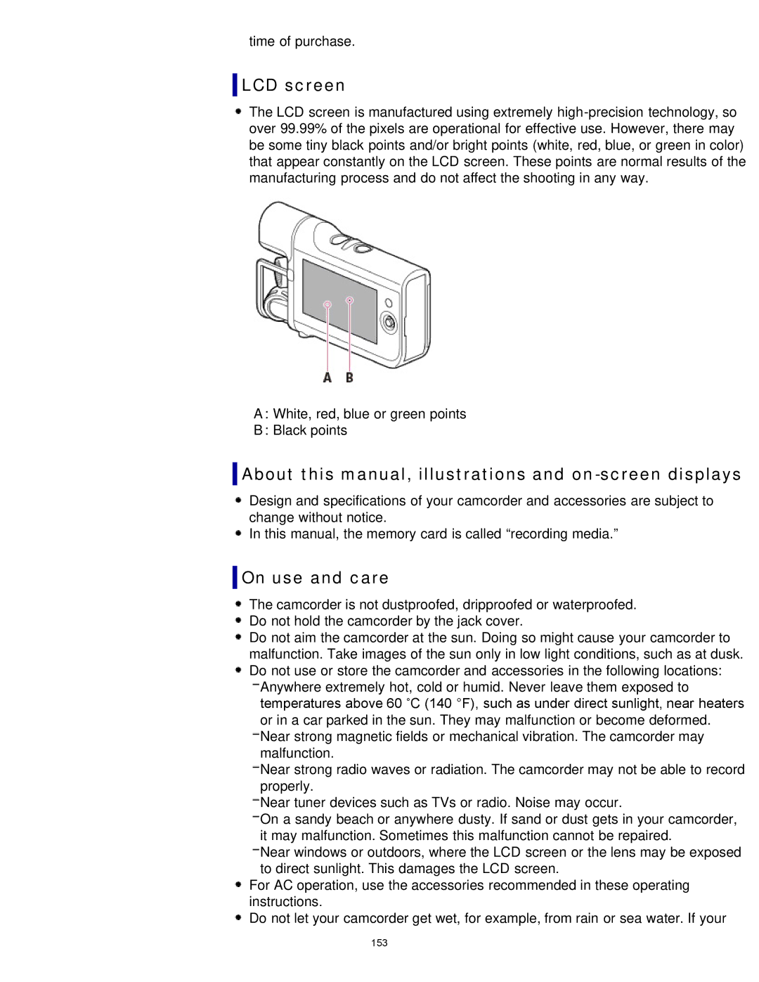 Sony HDR-MV1 LCD screen, About this manual, illustrations and on-screen displays, On use and care 