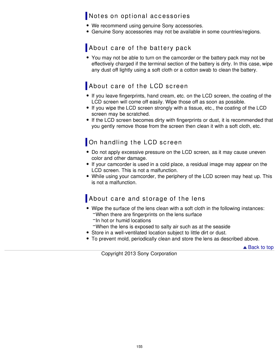 Sony HDR-MV1 manual About care of the battery pack, About care of the LCD screen, On handling the LCD screen 