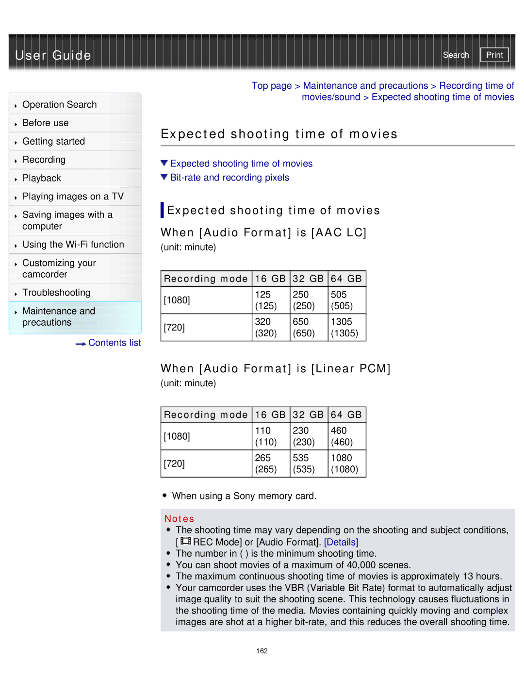 Sony HDR-MV1 manual Expected shooting time of movies, When Audio Format is Linear PCM, Recording mode 16 GB 32 GB 64 GB 