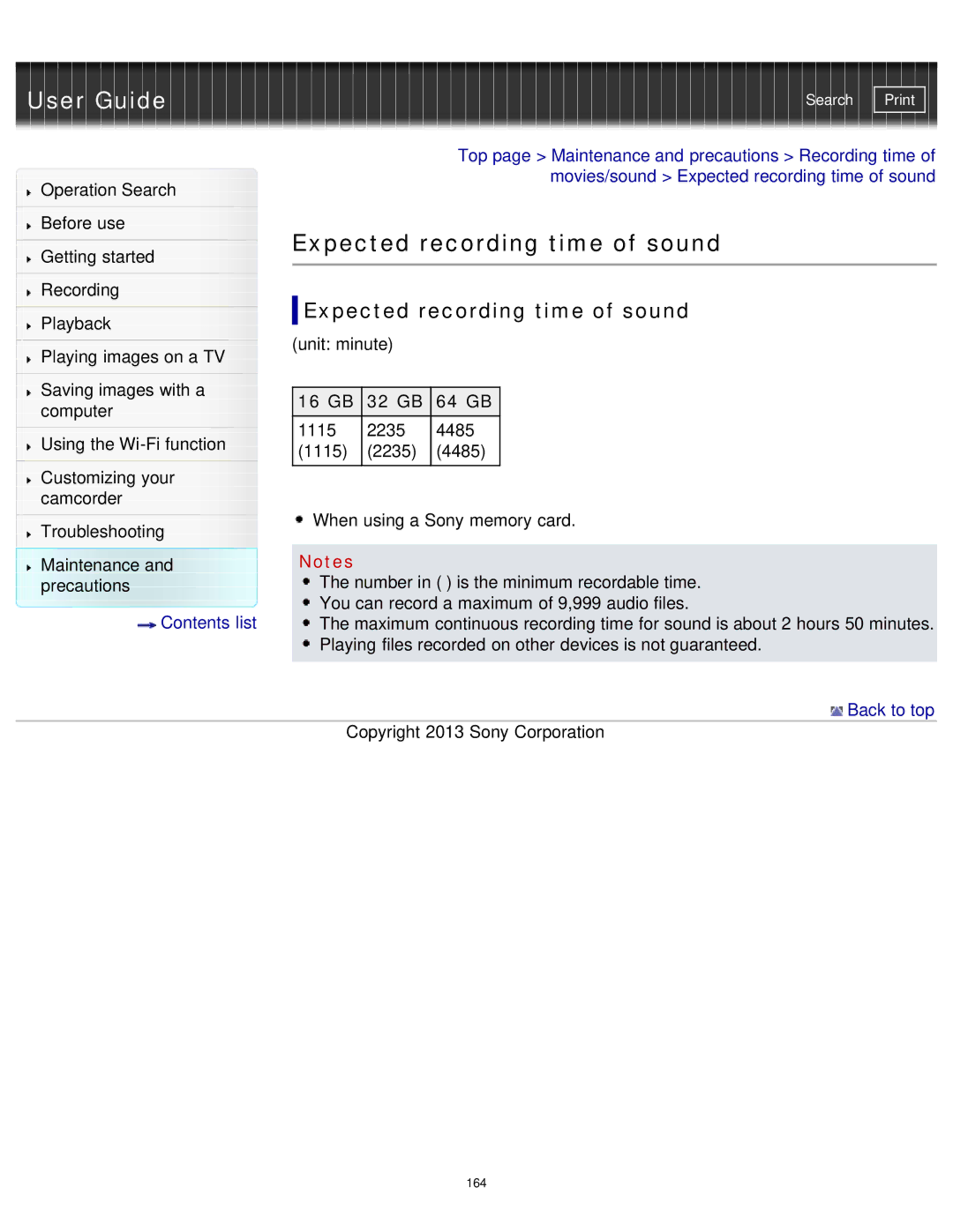 Sony HDR-MV1 manual Expected recording time of sound, 16 GB 32 GB 64 GB 