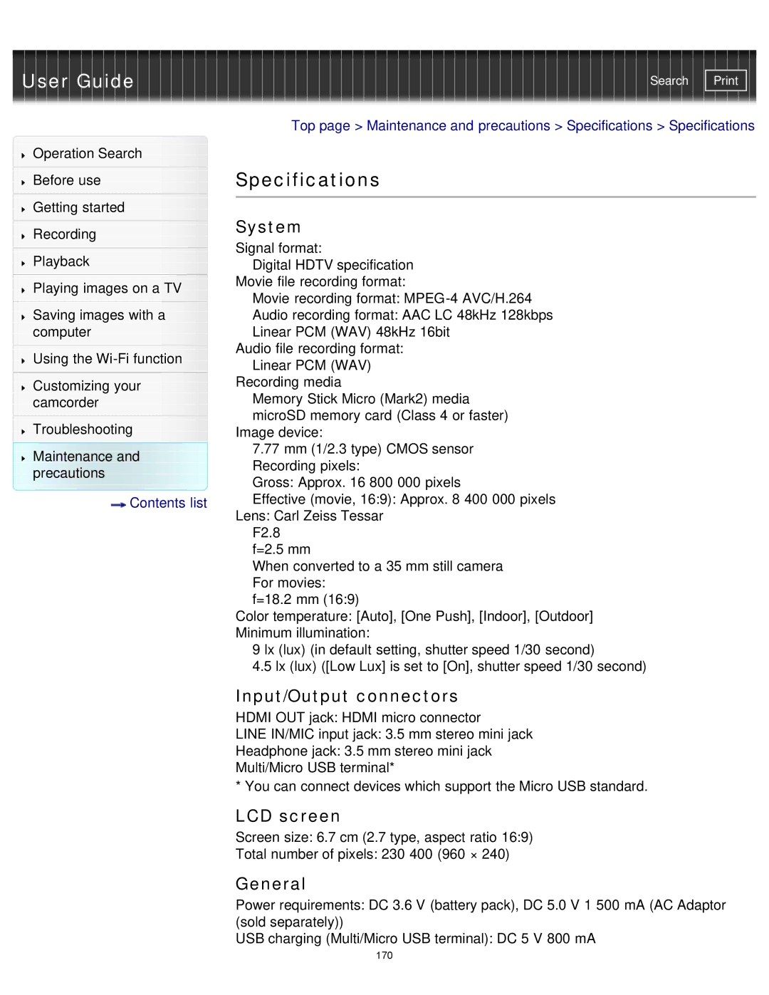 Sony HDR-MV1 manual Specifications, System, Input/Output connectors, General 