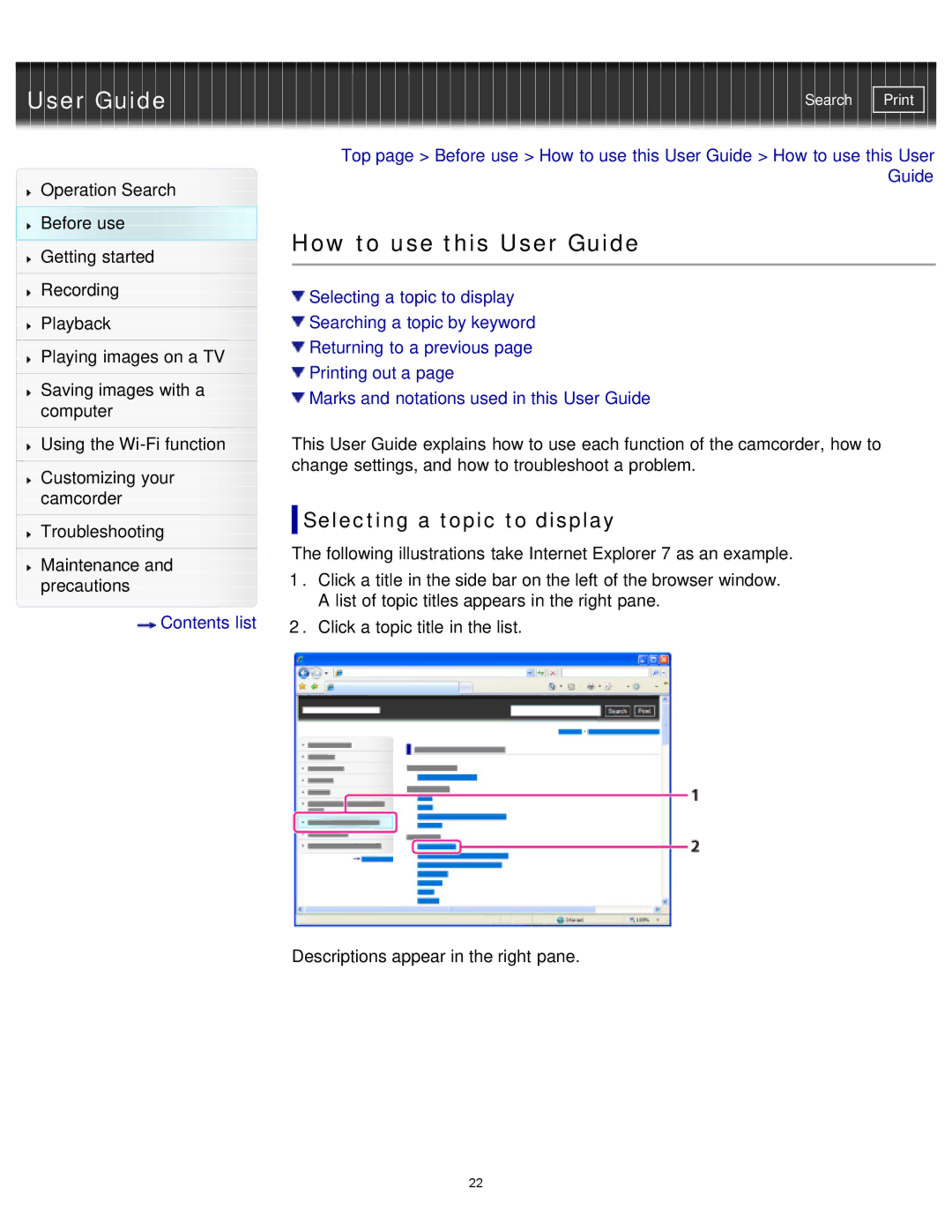 Sony HDR-MV1 manual How to use this User Guide, Selecting a topic to display 