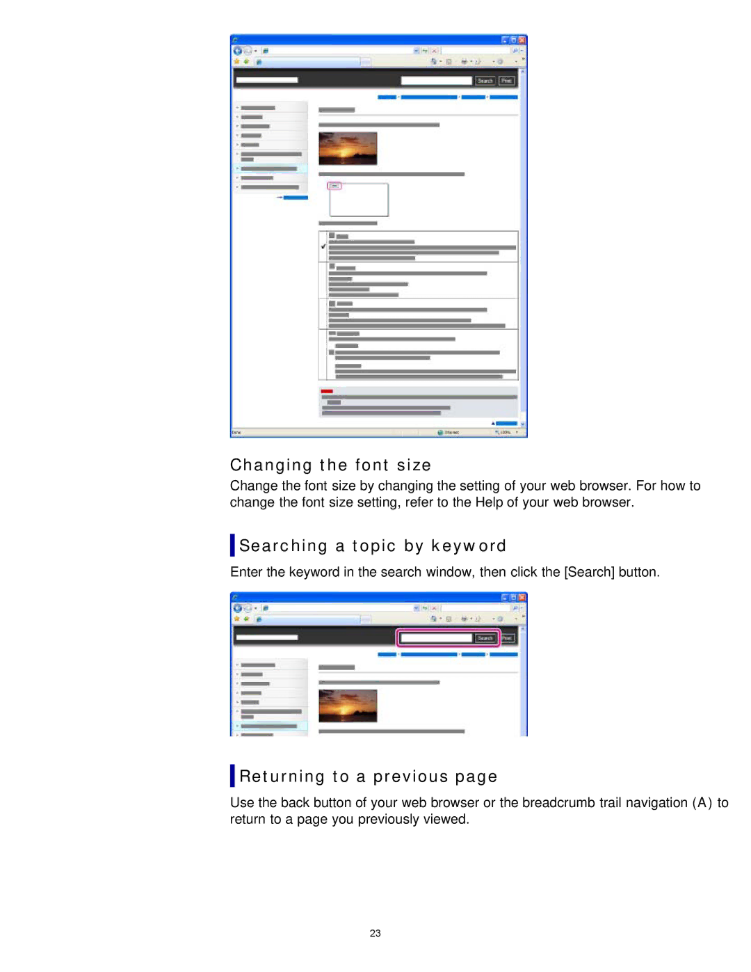 Sony HDR-MV1 manual Changing the font size, Searching a topic by keyword, Returning to a previous 