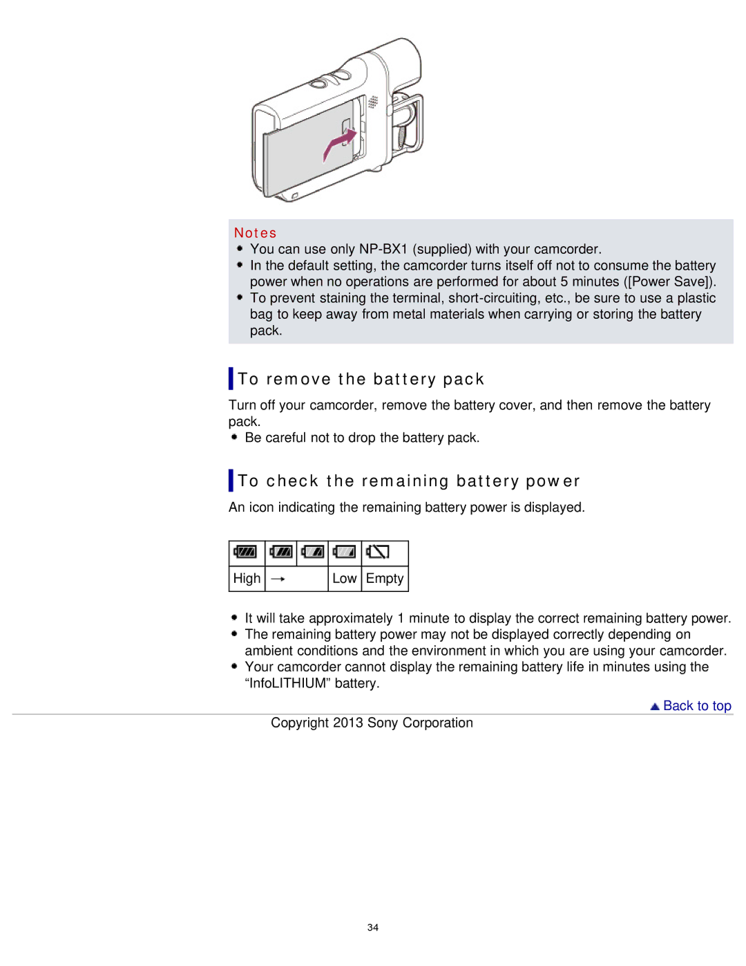 Sony HDR-MV1 manual To remove the battery pack, To check the remaining battery power 