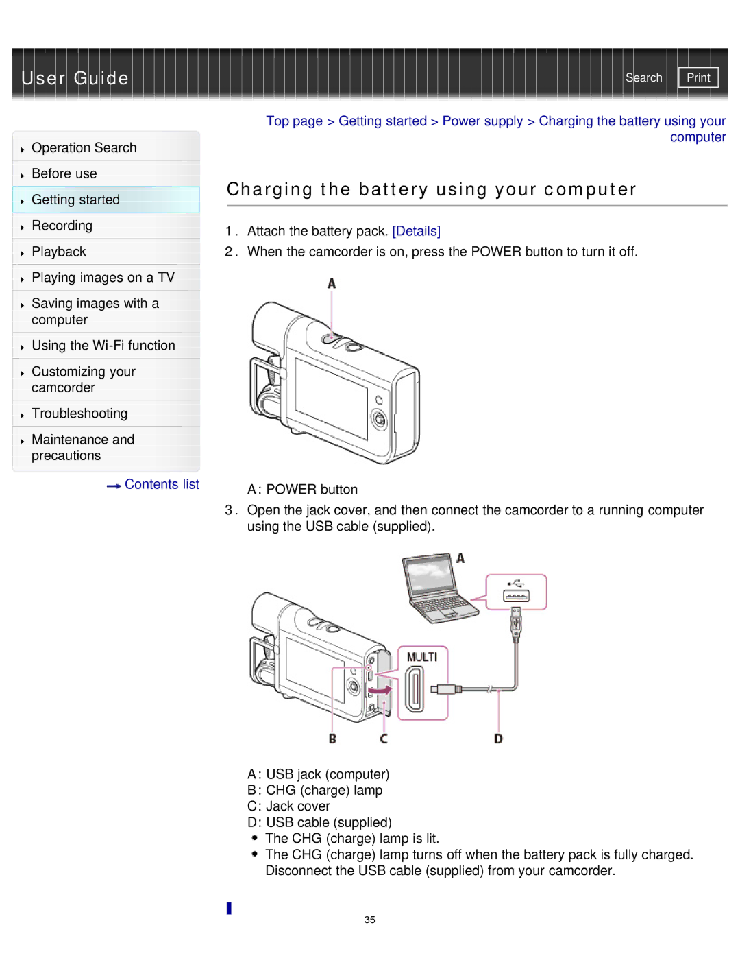 Sony HDR-MV1 manual Charging the battery using your computer 