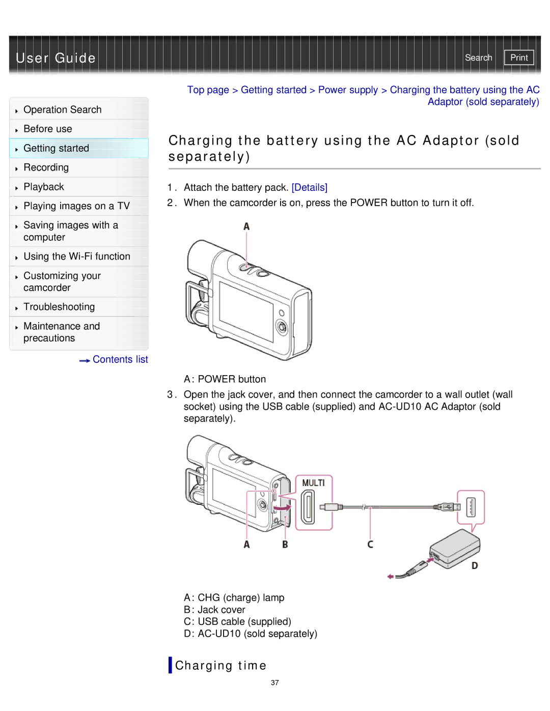 Sony HDR-MV1 manual Charging the battery using the AC Adaptor sold separately 