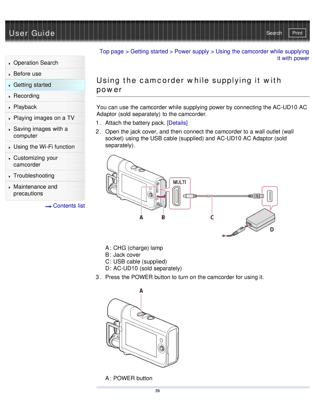 Sony HDR-MV1 manual Using the camcorder while supplying it with power 