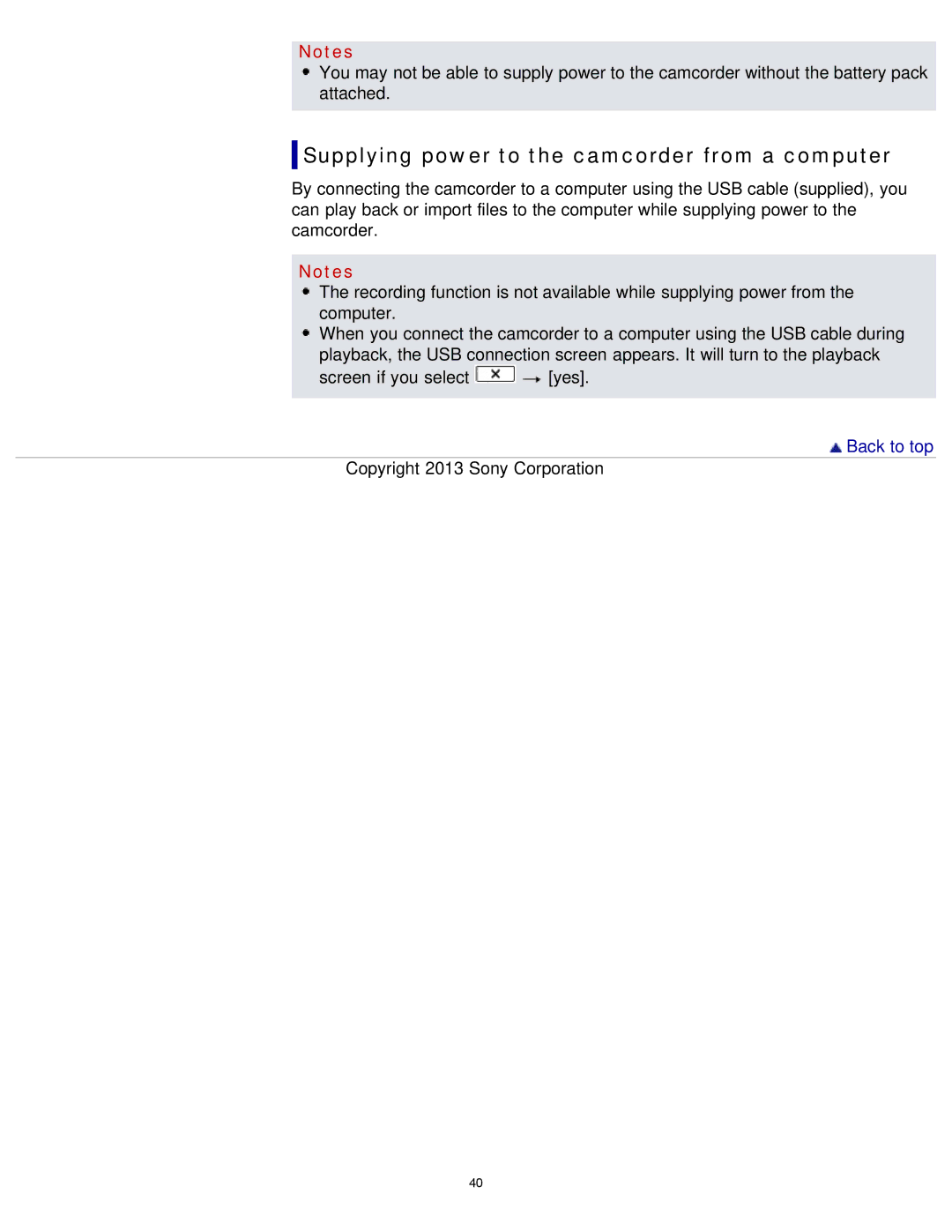 Sony HDR-MV1 manual Supplying power to the camcorder from a computer 