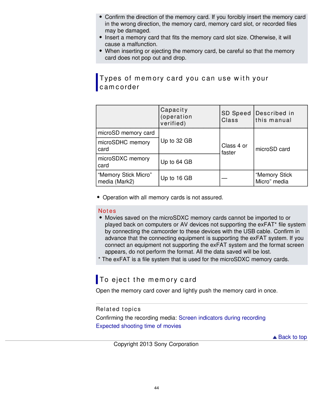 Sony HDR-MV1 manual Types of memory card you can use with your camcorder, To eject the memory card 