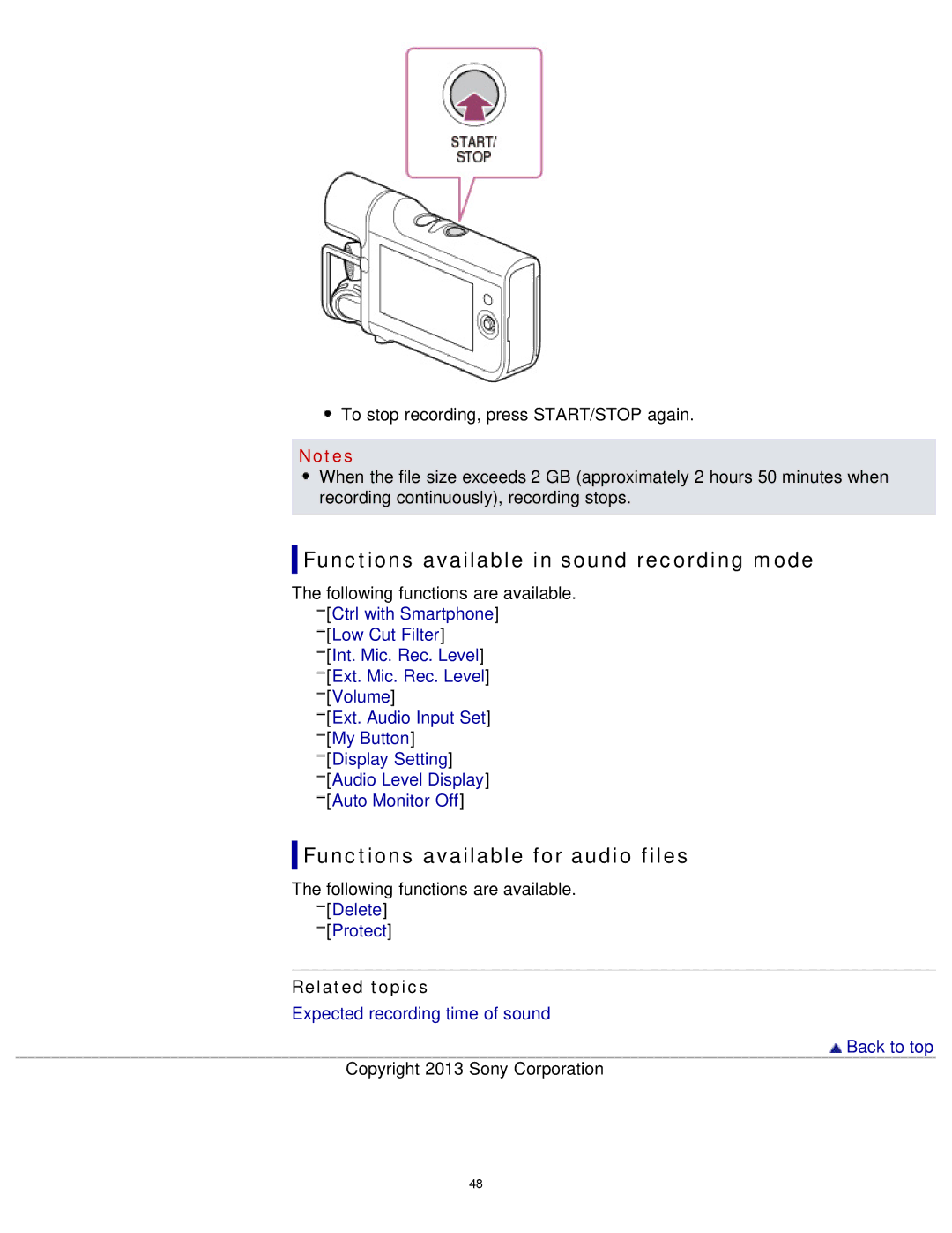 Sony HDR-MV1 manual Functions available in sound recording mode, Functions available for audio files 