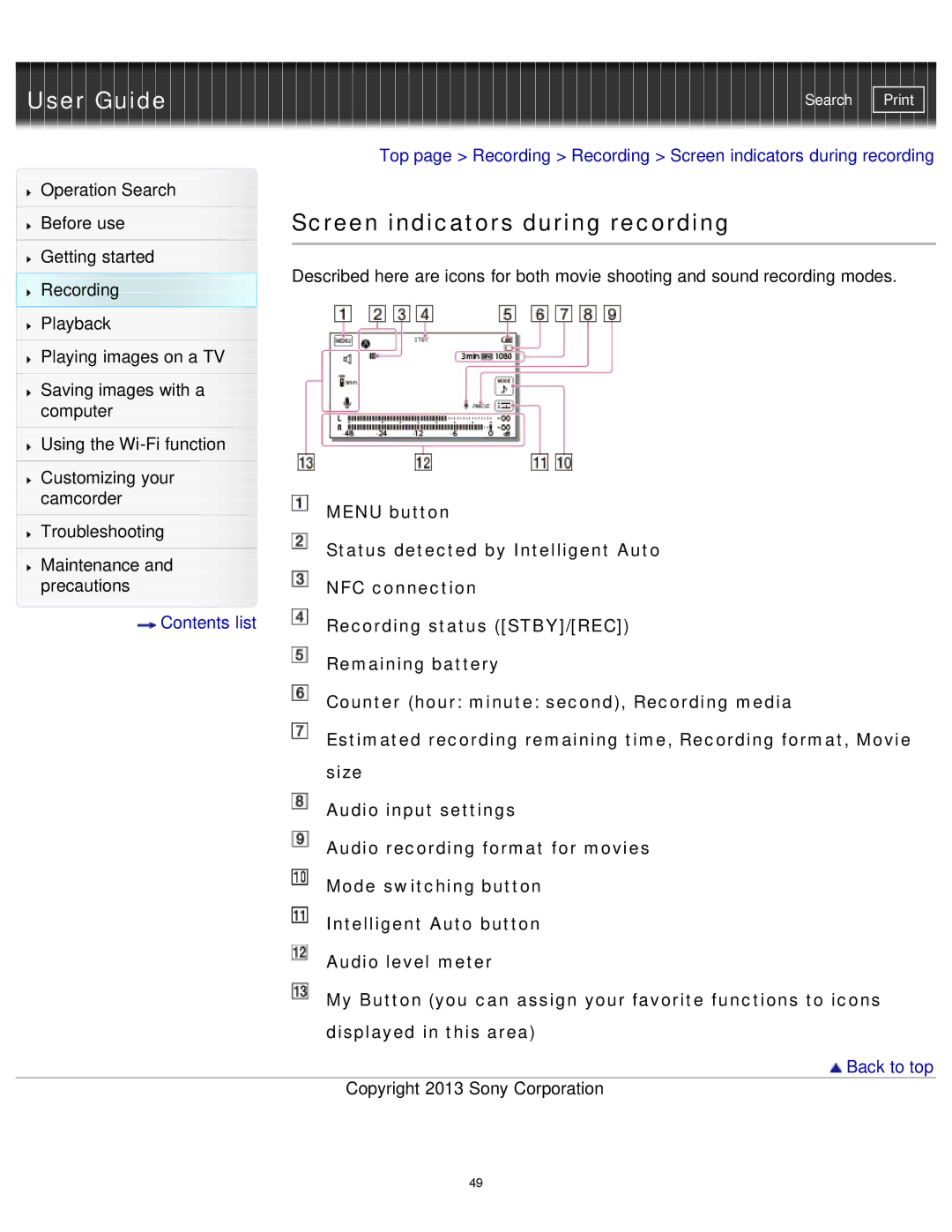 Sony HDR-MV1 manual Screen indicators during recording 