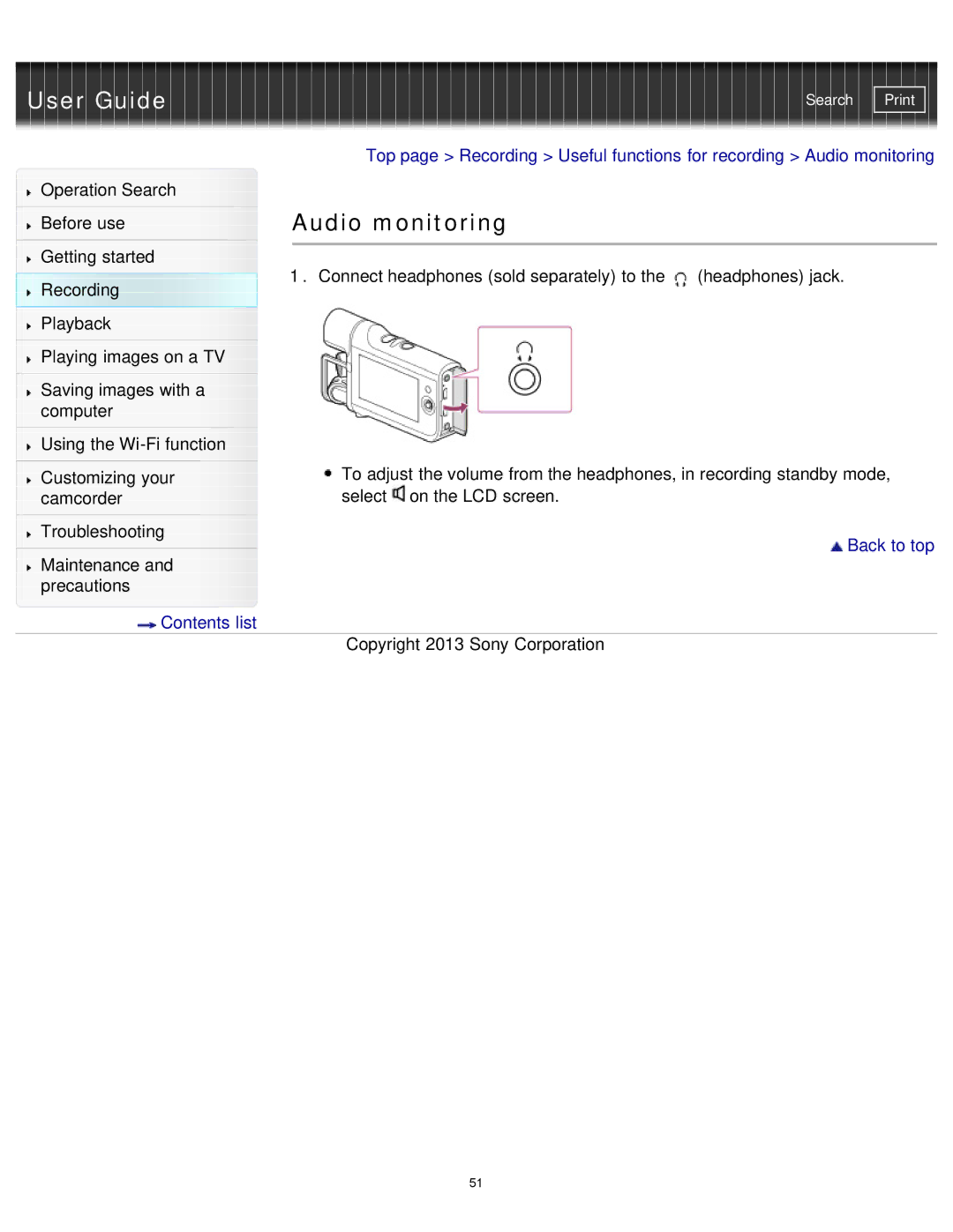 Sony HDR-MV1 manual Audio monitoring 