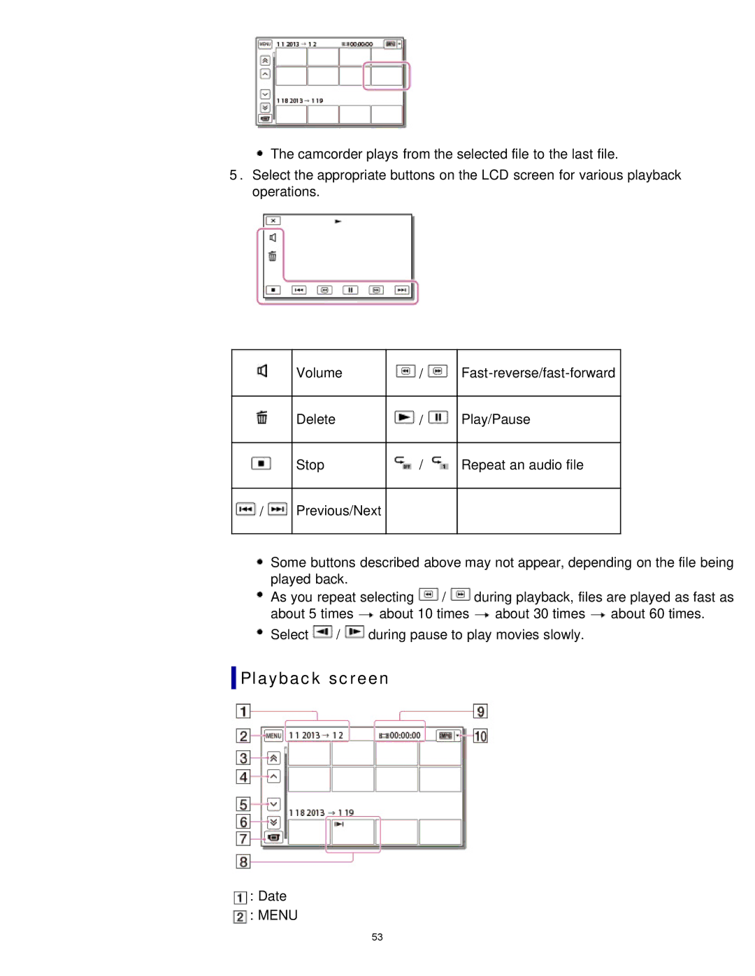 Sony HDR-MV1 manual Playback screen, Menu 