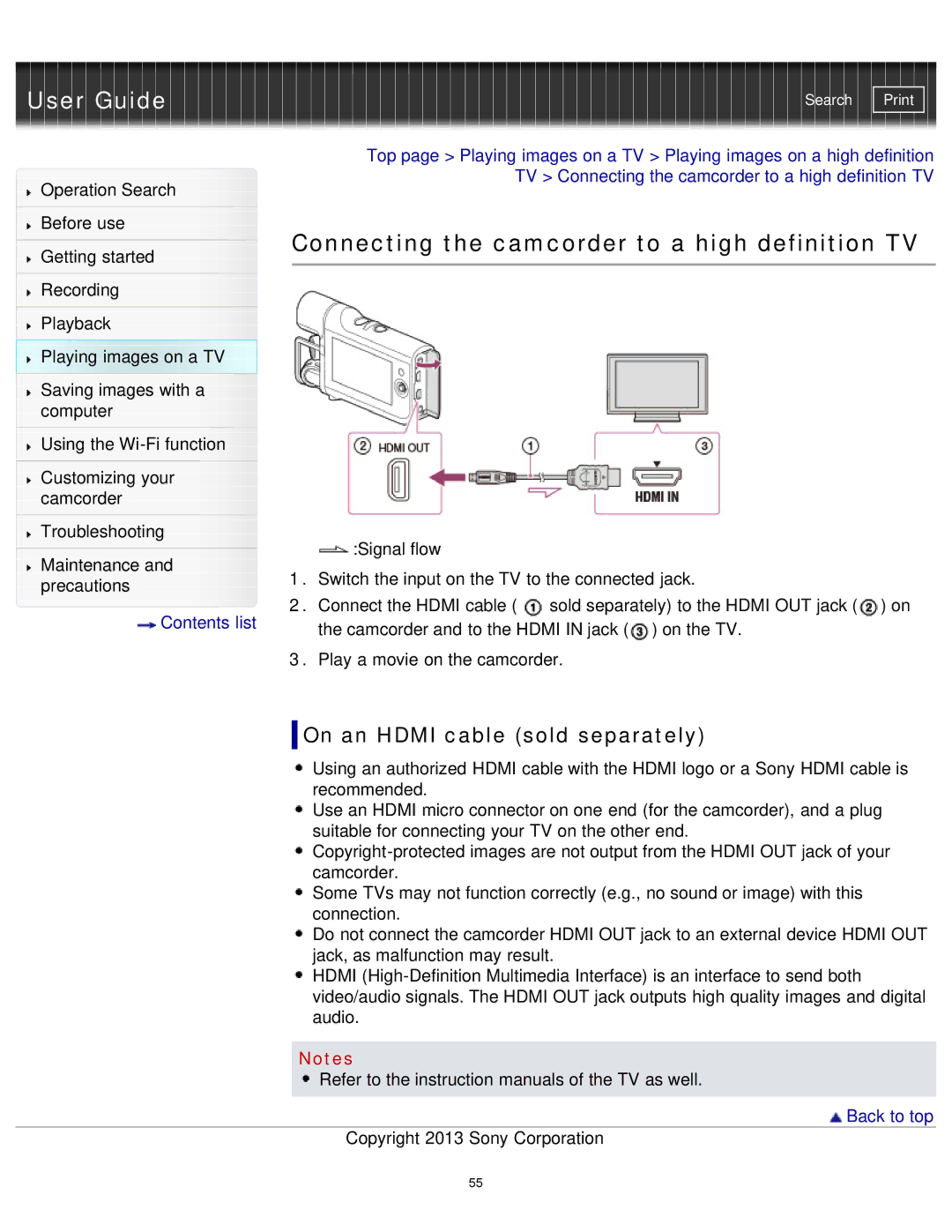 Sony HDR-MV1 manual Connecting the camcorder to a high definition TV, On an Hdmi cable sold separately 