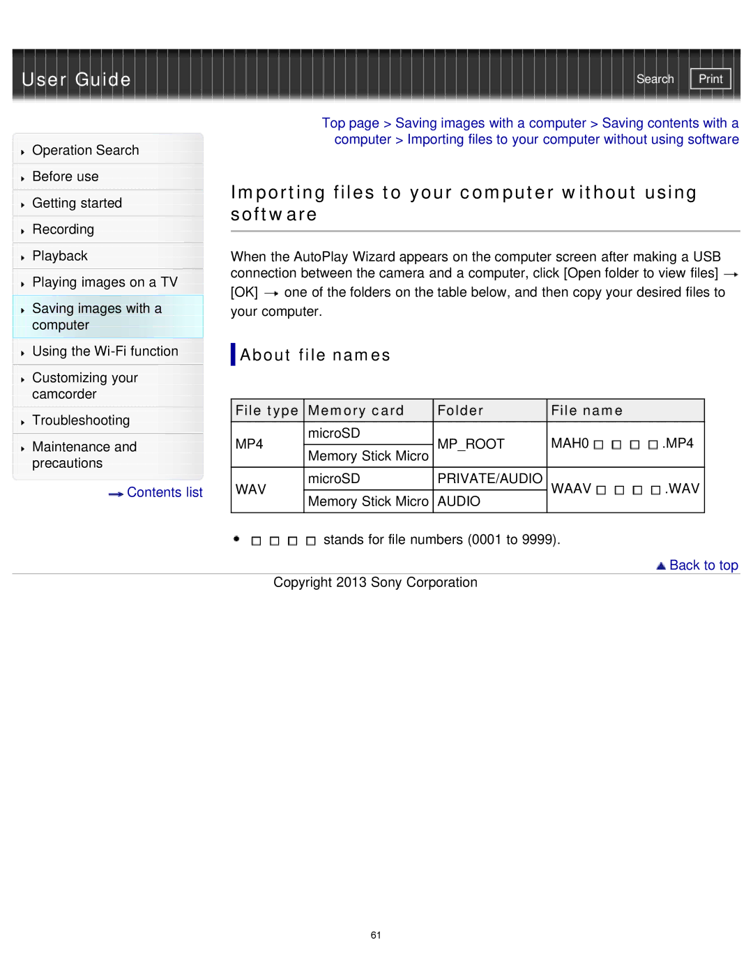 Sony HDR-MV1 manual Importing files to your computer without using software, About file names 