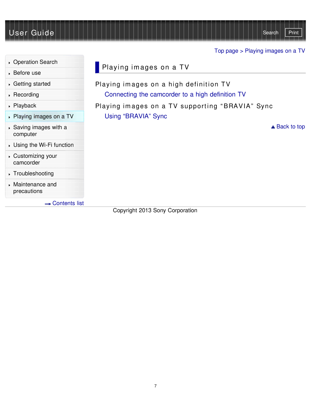 Sony HDR-MV1 manual Playing images on a high definition TV, Playing images on a TV supporting Bravia Sync 