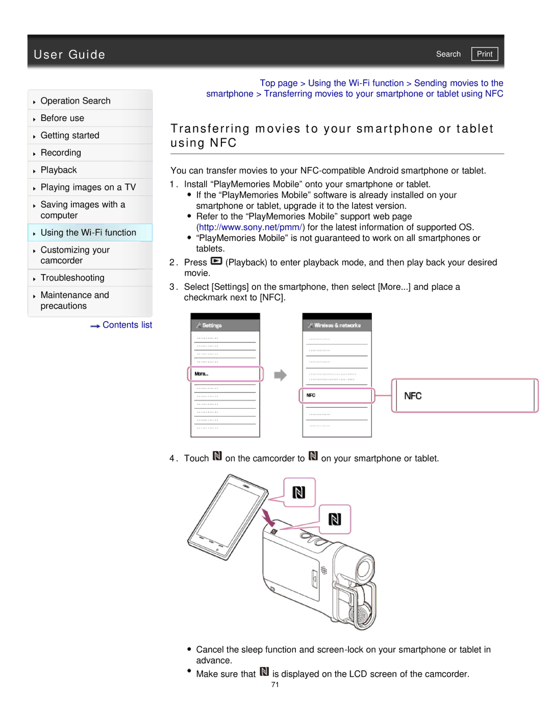 Sony HDR-MV1 manual User Guide, Transferring movies to your smartphone or tablet using NFC 