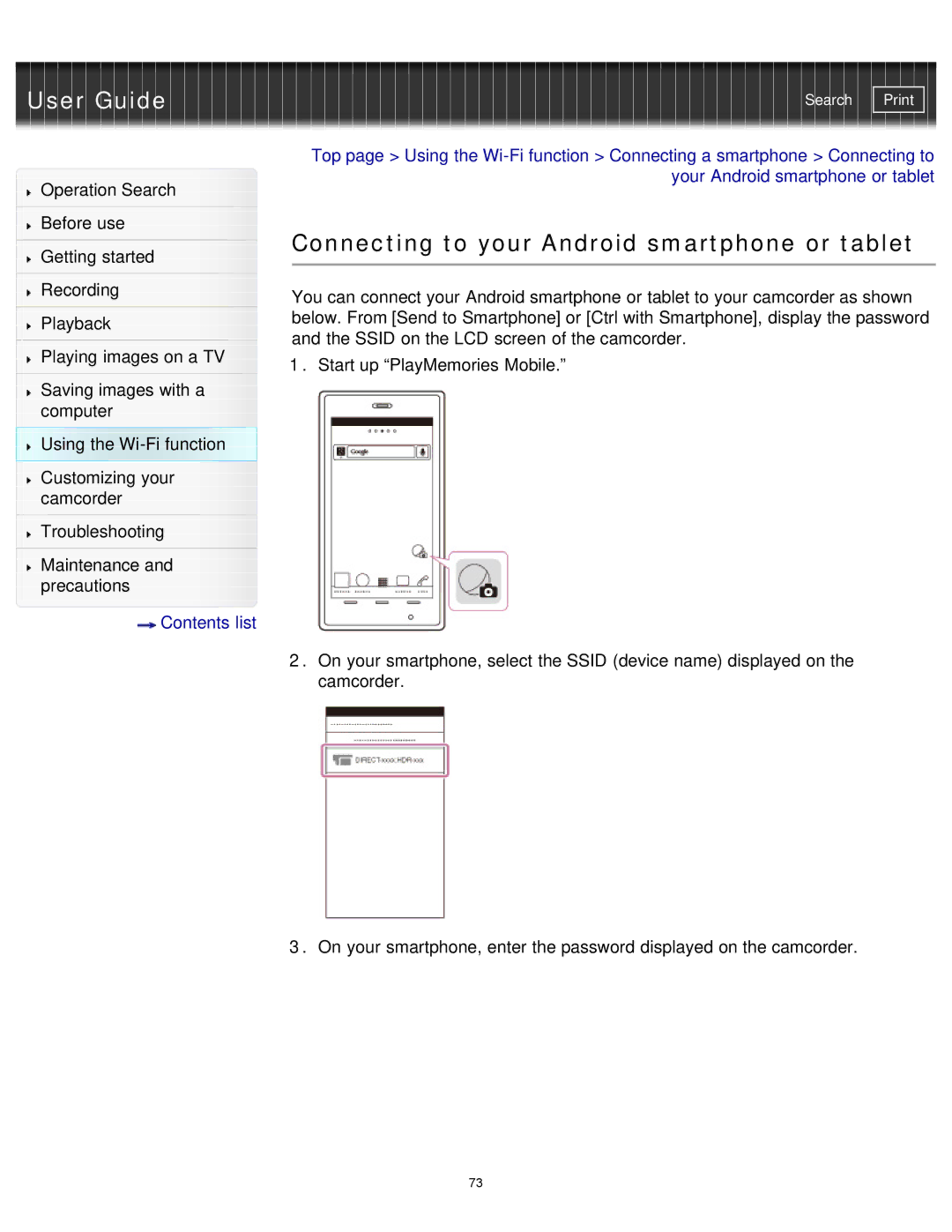 Sony HDR-MV1 manual Connecting to your Android smartphone or tablet 