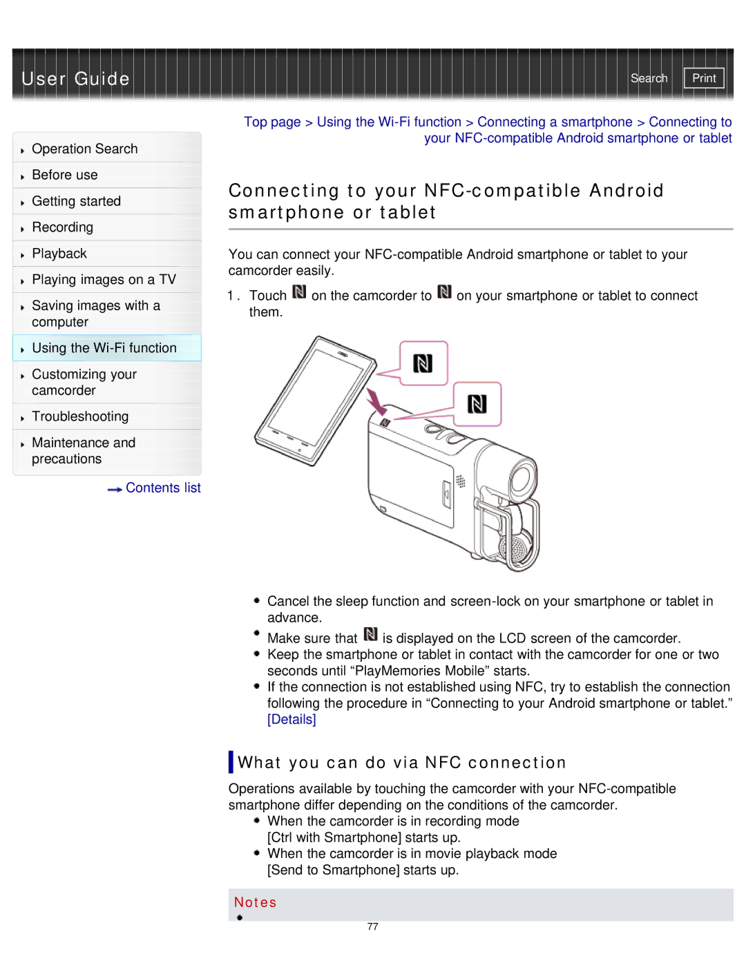 Sony HDR-MV1 manual What you can do via NFC connection 