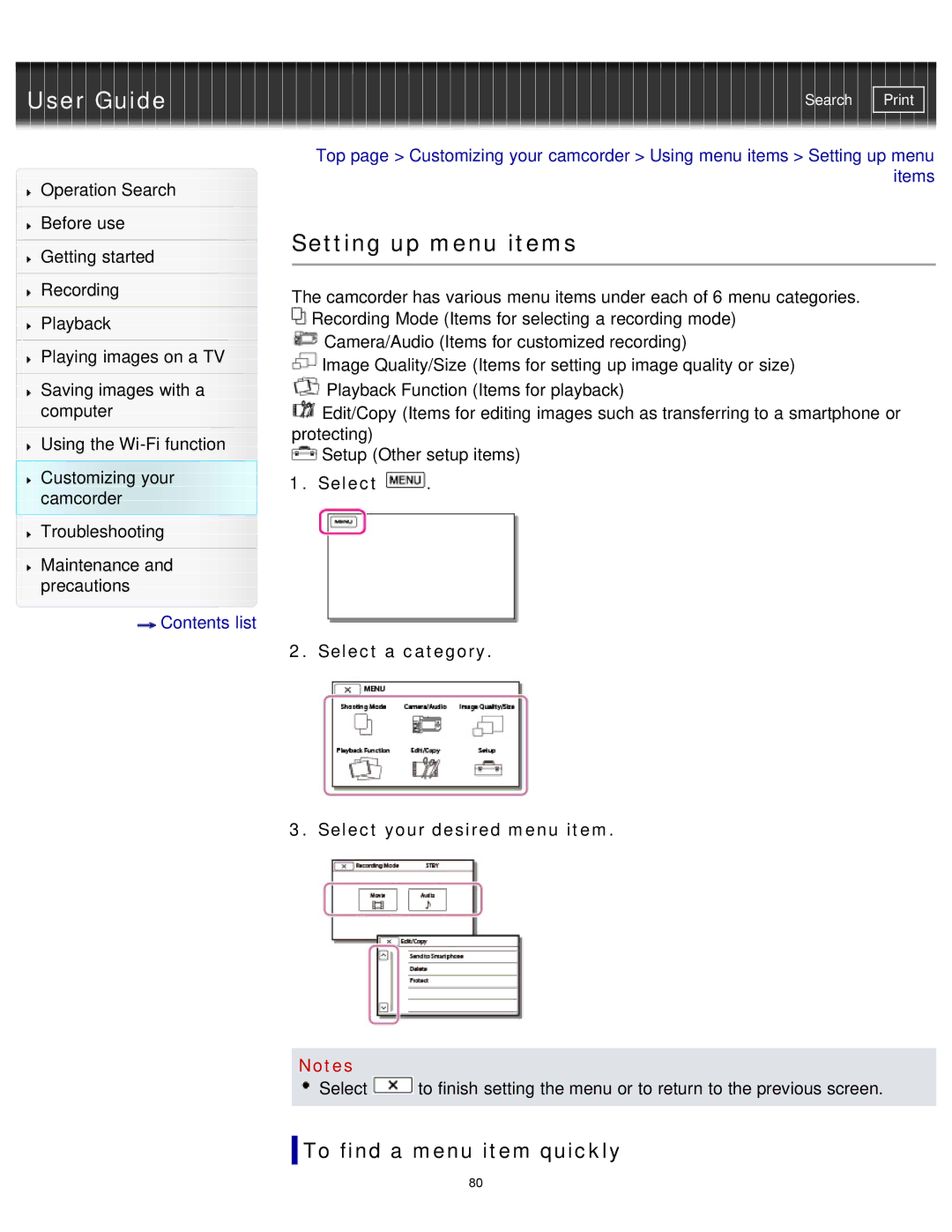 Sony HDR-MV1 Setting up menu items, To find a menu item quickly, Select Select a category Select your desired menu item 